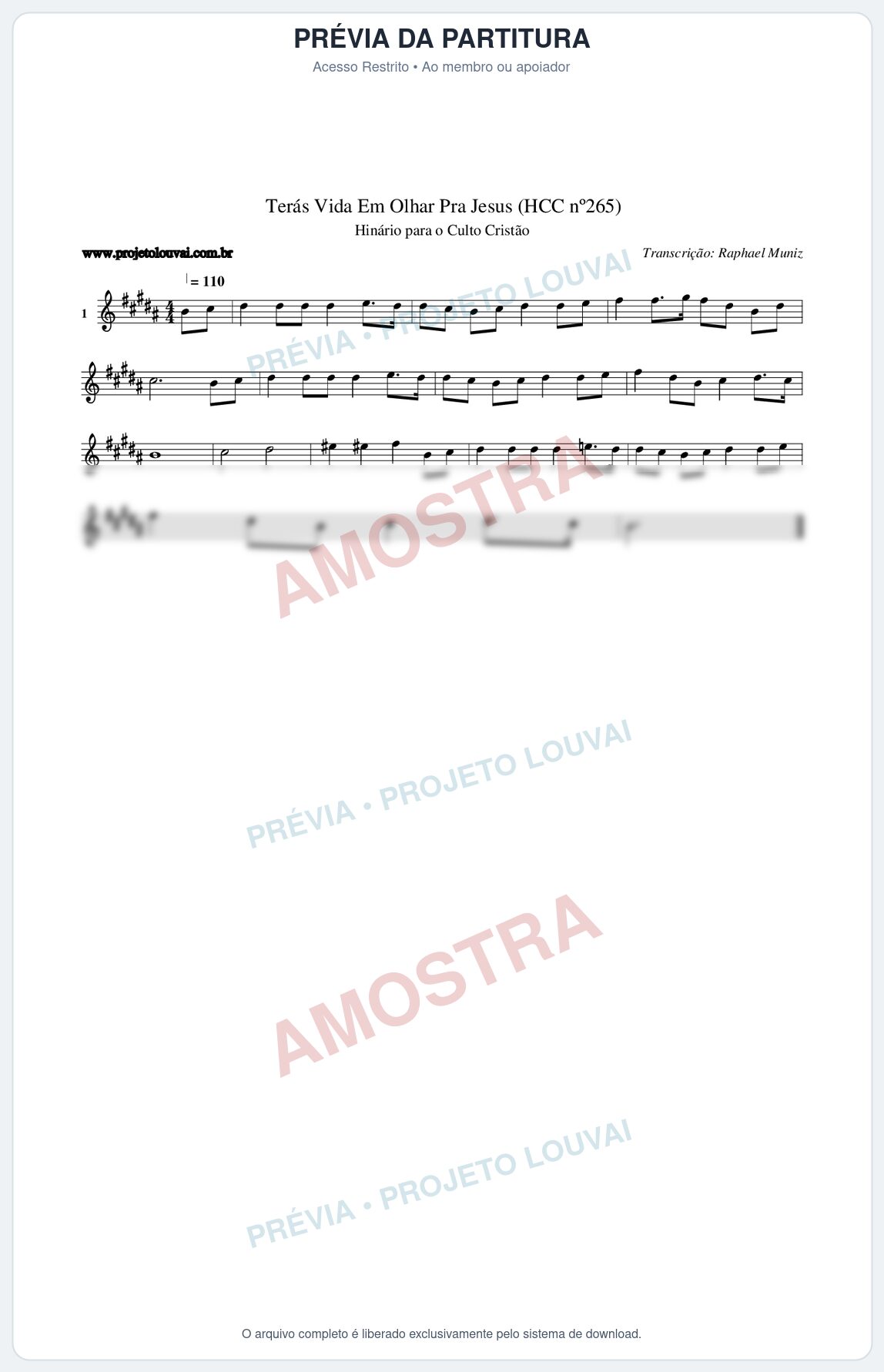 Prévia protegida da primeira página da partitura Partitura da música Terás Vida Em Olhar Pra Jesus (HCC nº265) - Hinário para o Culto Cristão - Tom B