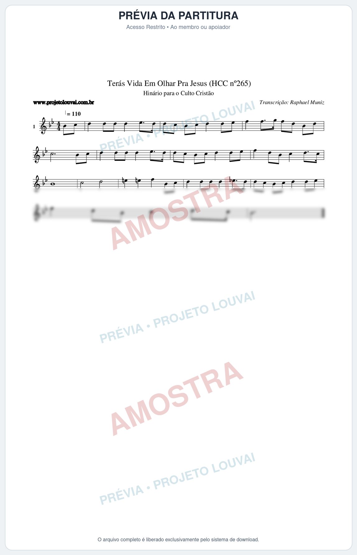Prévia protegida da primeira página da partitura Partitura da música Terás Vida Em Olhar Pra Jesus (HCC nº265) - Hinário para o Culto Cristão - Tom Bb