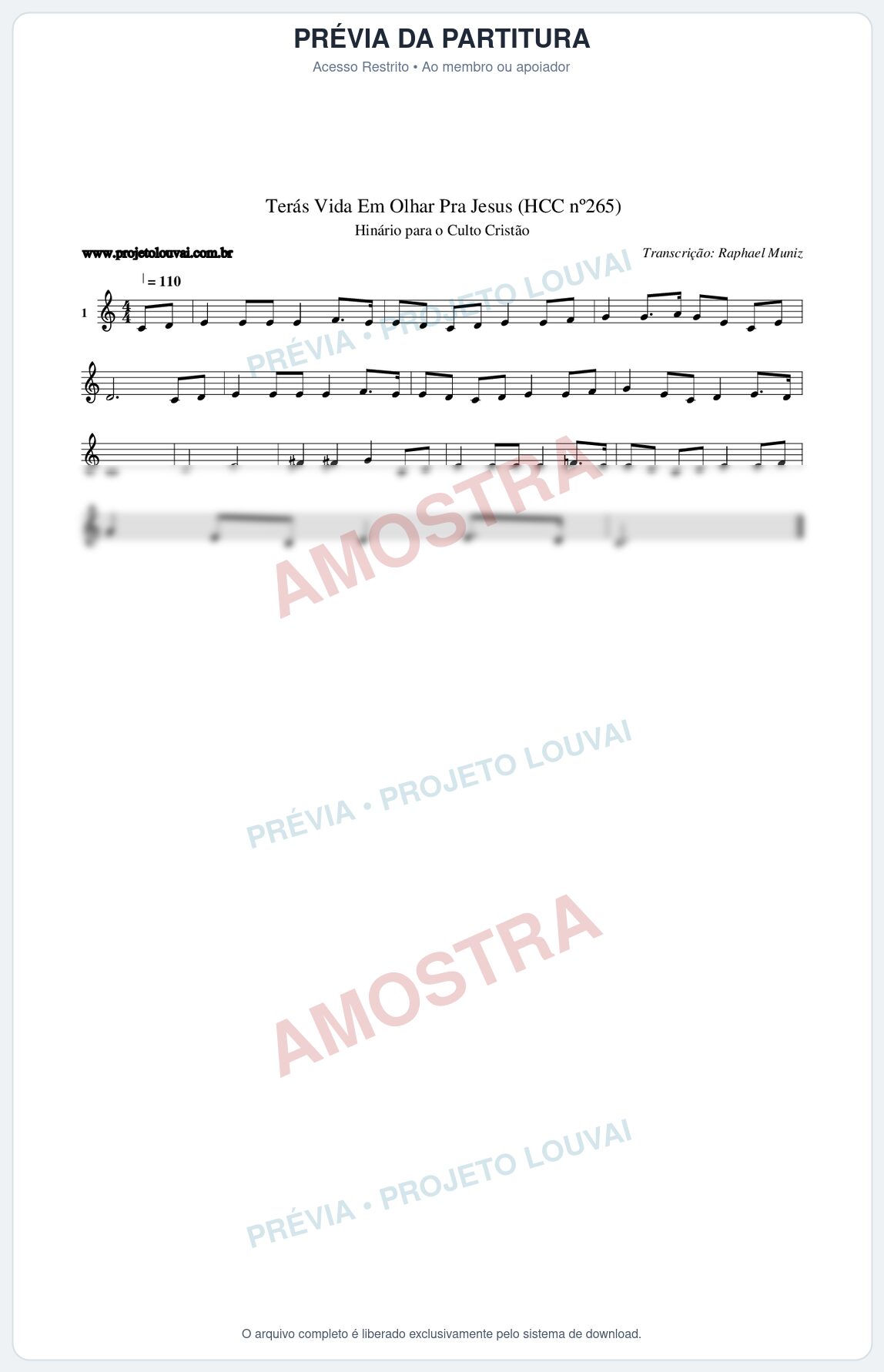 Prévia protegida da primeira página da partitura Partitura da música Terás Vida Em Olhar Pra Jesus (HCC nº265) - Hinário para o Culto Cristão - Tom C