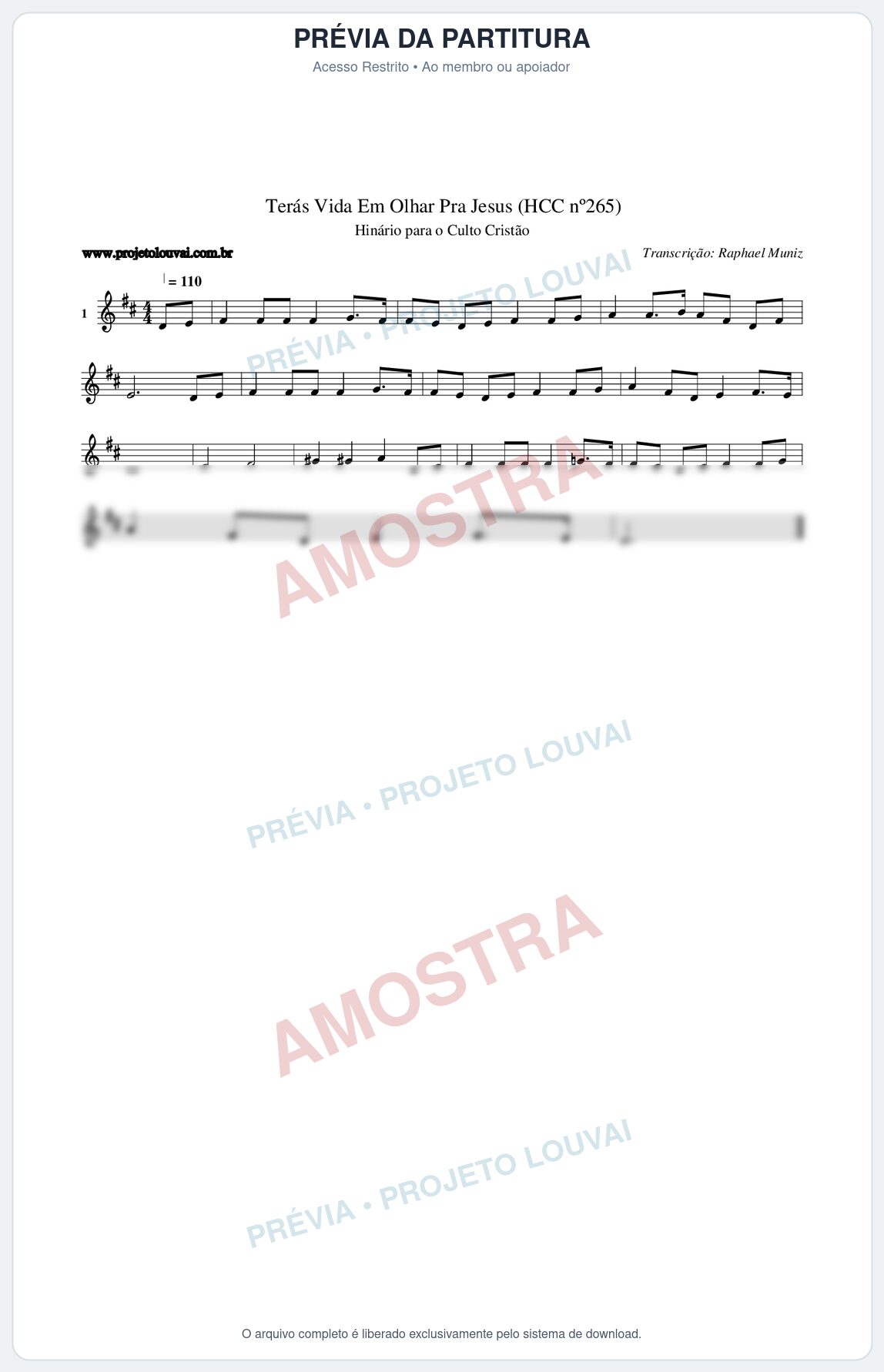 Prévia protegida da primeira página da partitura Partitura da música Terás Vida Em Olhar Pra Jesus (HCC nº265) - Hinário para o Culto Cristão - Tom D