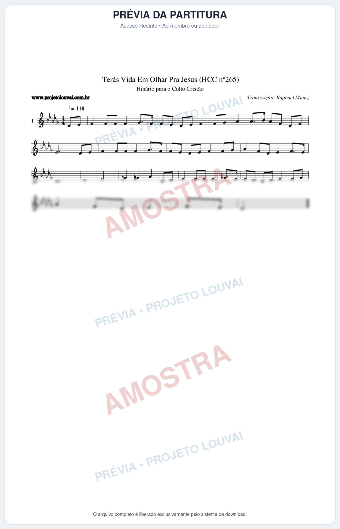 Prévia protegida da primeira página da partitura Partitura da música Terás Vida Em Olhar Pra Jesus (HCC nº265) - Hinário para o Culto Cristão - Tom Db