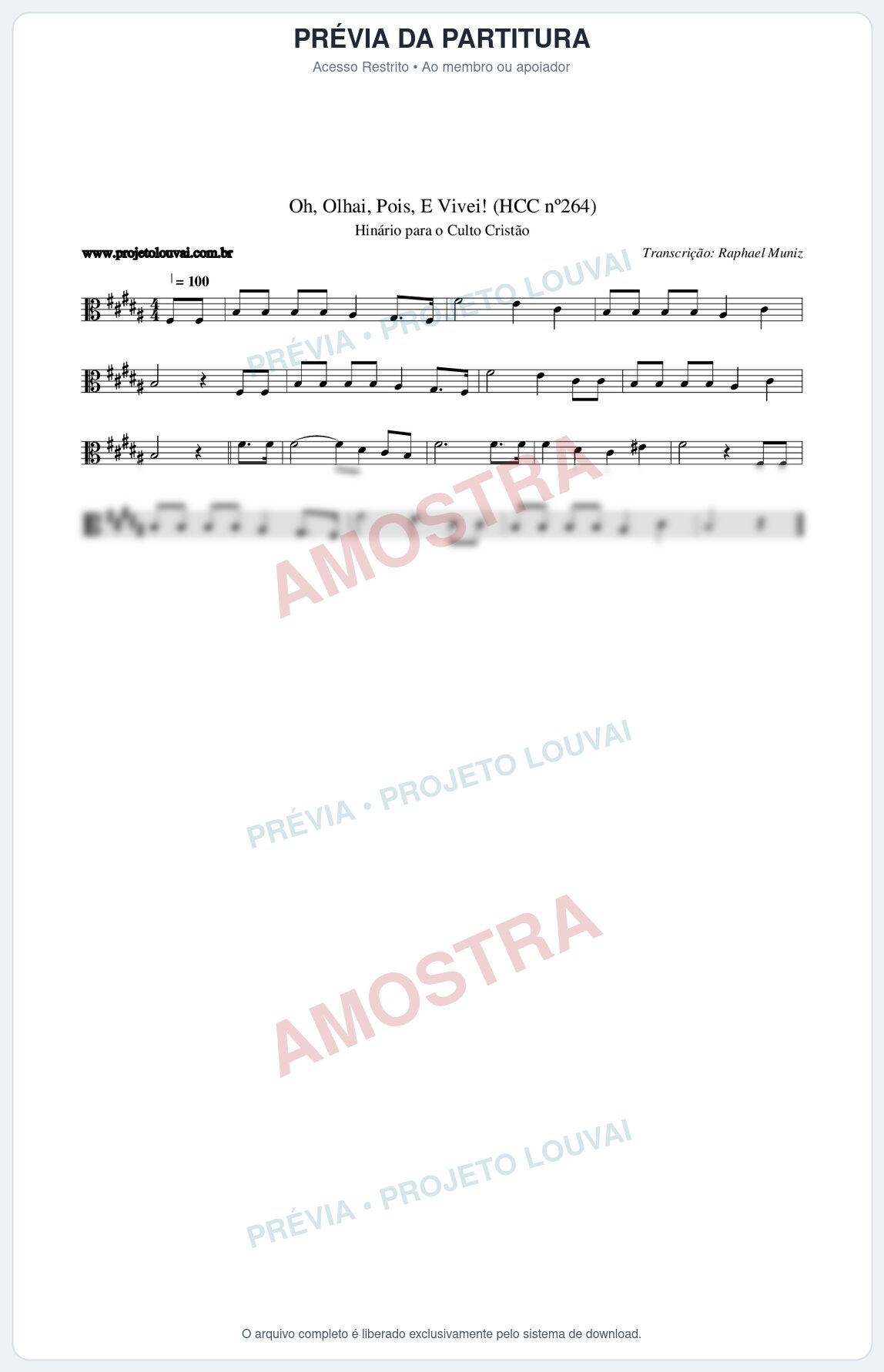 Prévia protegida da primeira página da partitura Partitura da música Oh, Olhai, Pois, E Vivei! (HCC nº264) - Hinário para o Culto Cristão - Tom B
