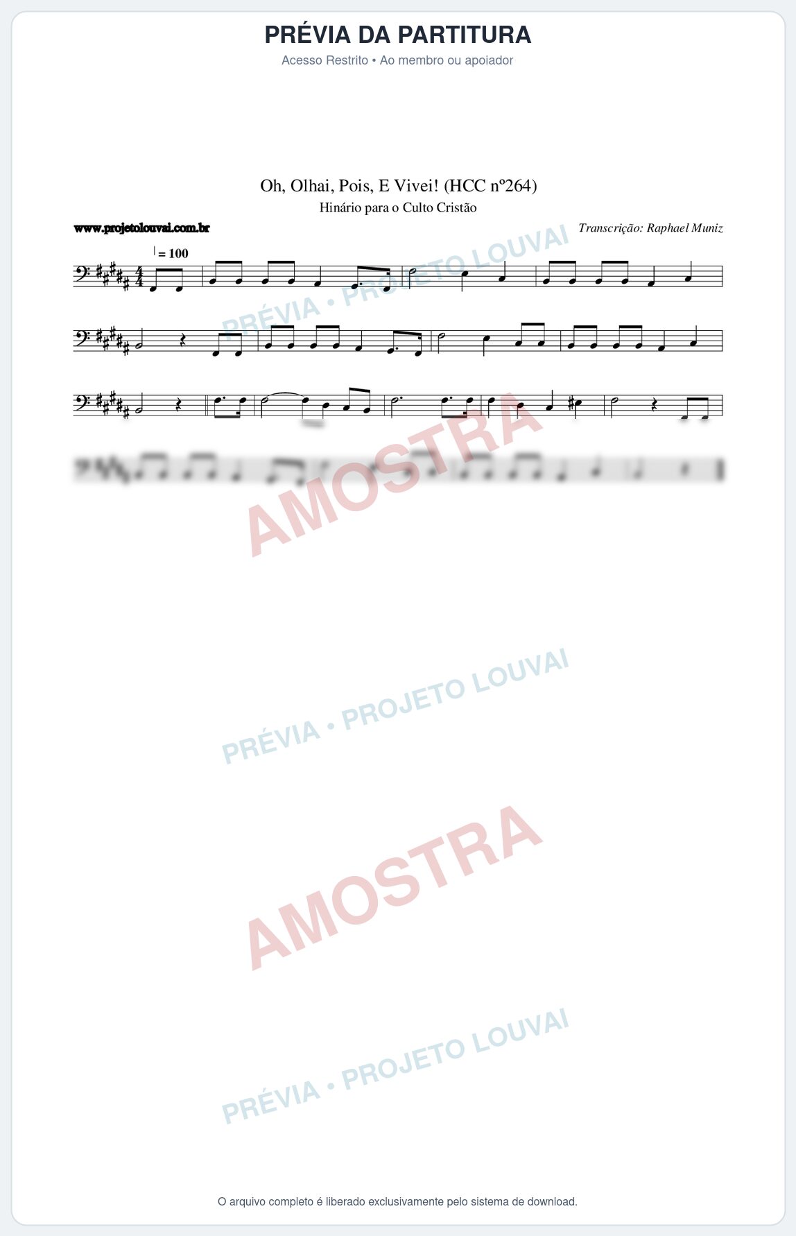 Prévia protegida da primeira página da partitura Partitura da música Oh, Olhai, Pois, E Vivei! (HCC nº264) - Hinário para o Culto Cristão - Tom B