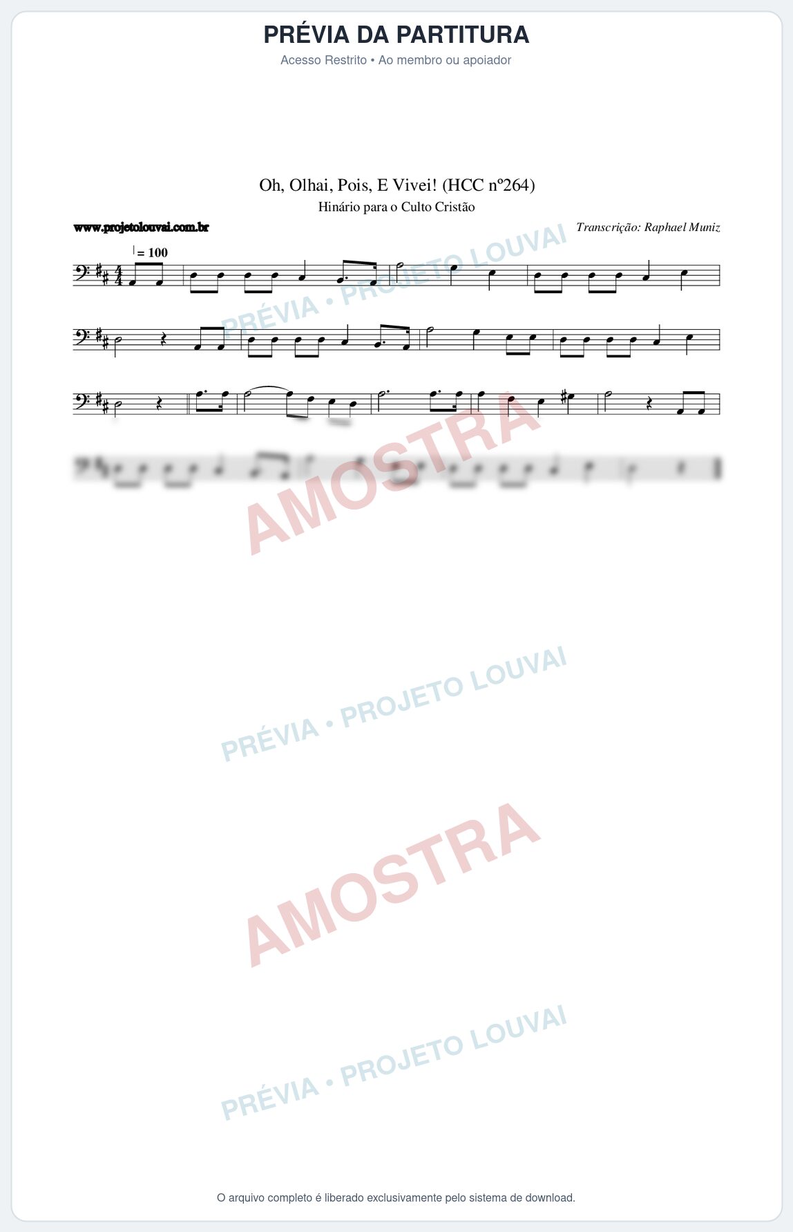 Prévia protegida da primeira página da partitura Partitura da música Oh, Olhai, Pois, E Vivei! (HCC nº264) - Hinário para o Culto Cristão - Tom D