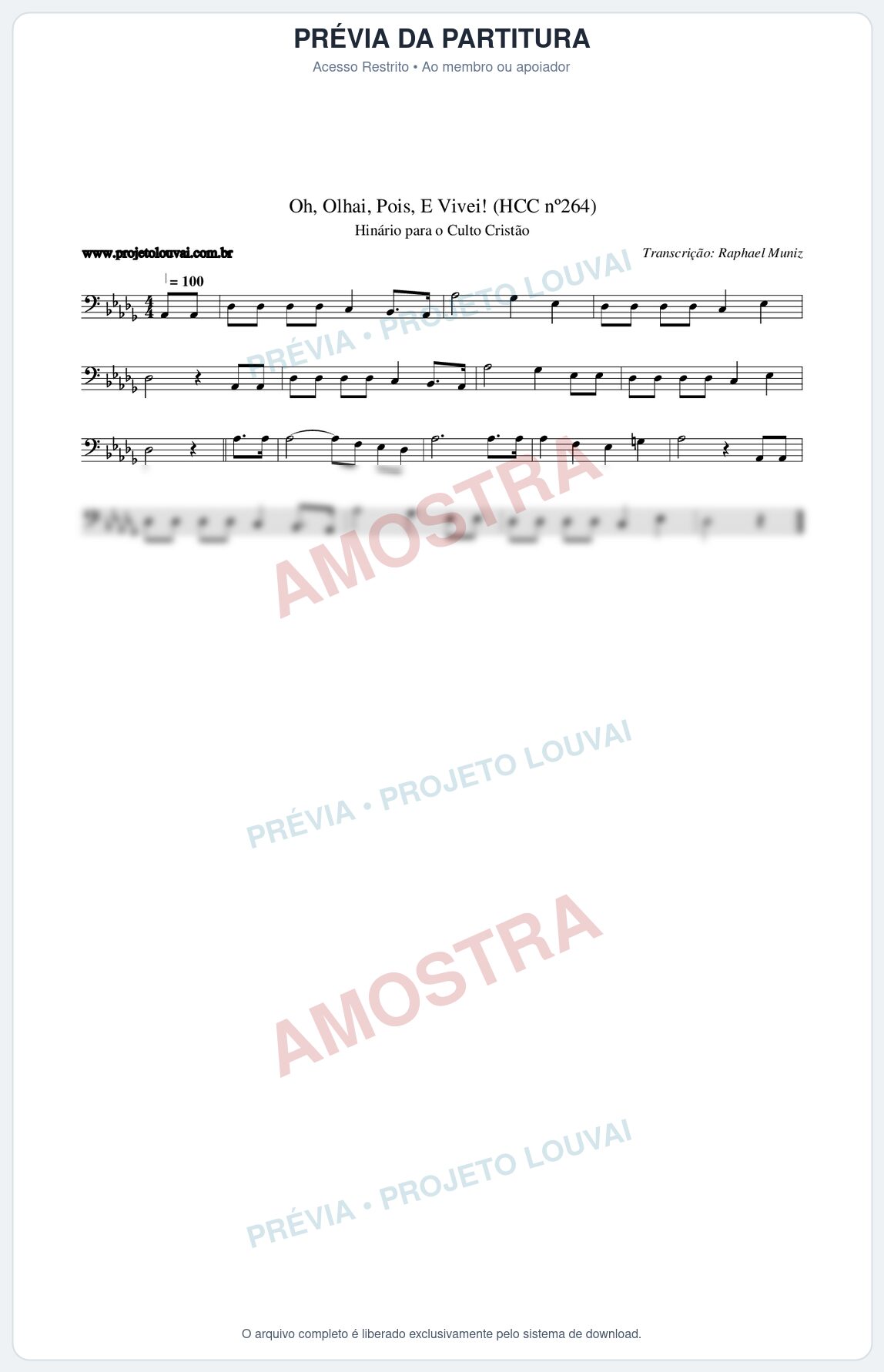Prévia protegida da primeira página da partitura Partitura da música Oh, Olhai, Pois, E Vivei! (HCC nº264) - Hinário para o Culto Cristão - Tom Db