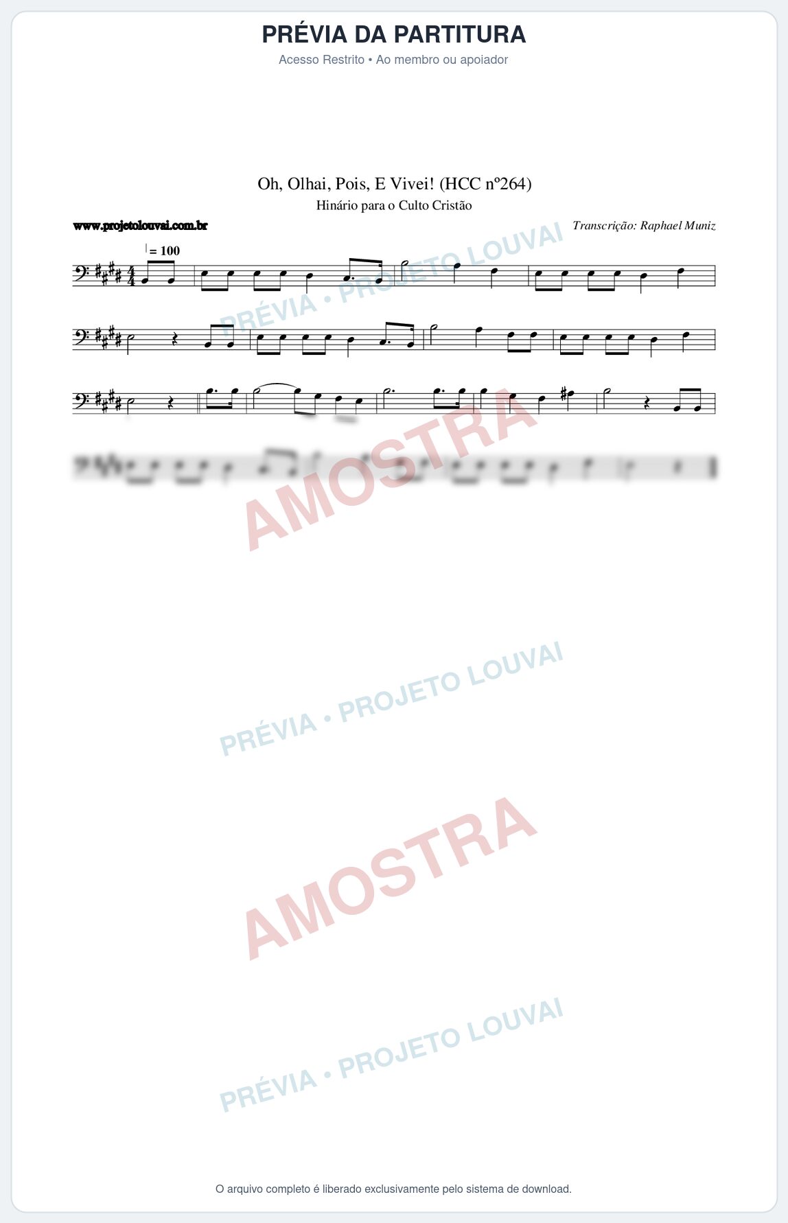 Prévia protegida da primeira página da partitura Partitura da música Oh, Olhai, Pois, E Vivei! (HCC nº264) - Hinário para o Culto Cristão - Tom E
