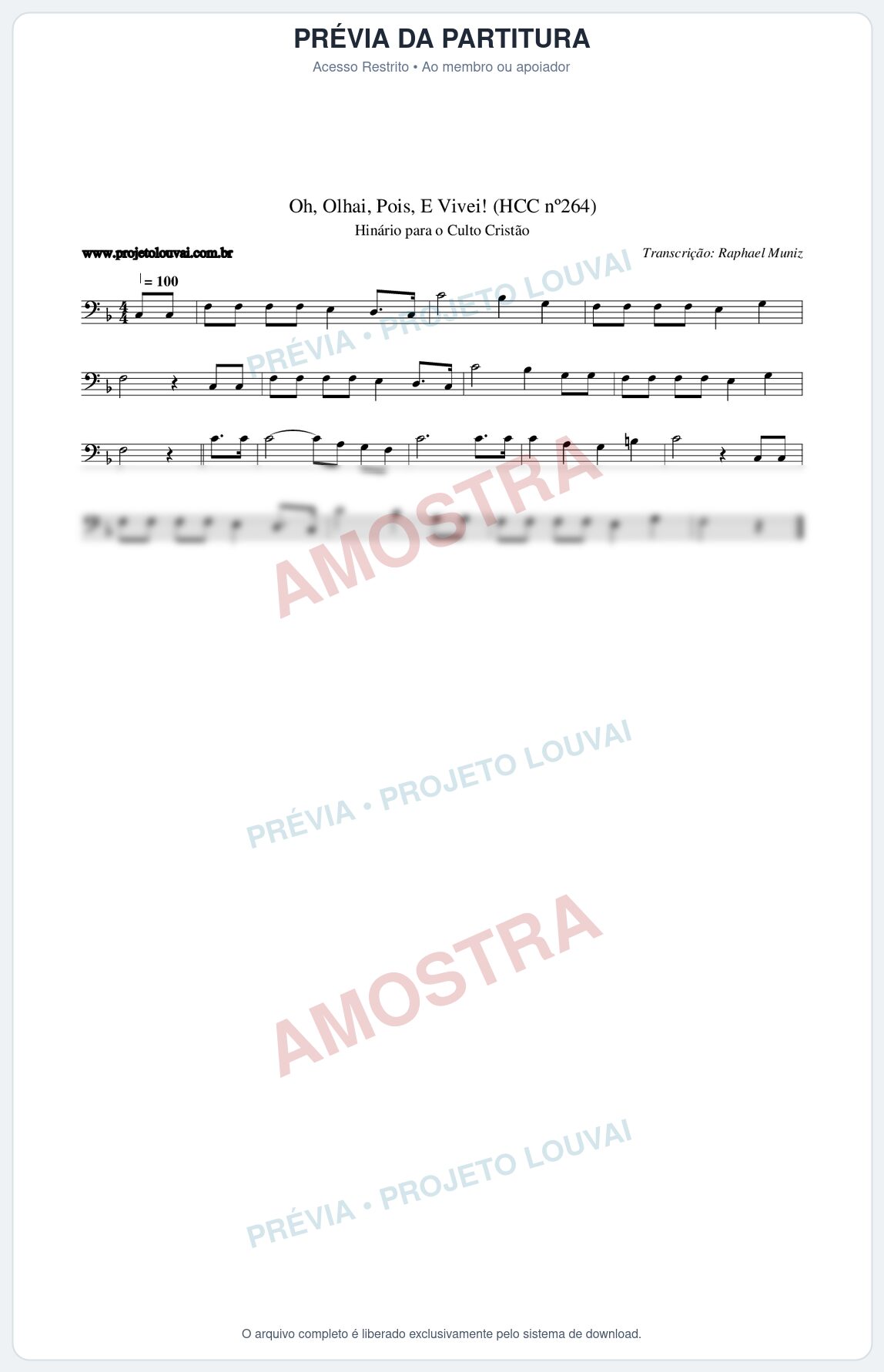 Prévia protegida da primeira página da partitura Partitura da música Oh, Olhai, Pois, E Vivei! (HCC nº264) - Hinário para o Culto Cristão - Tom F