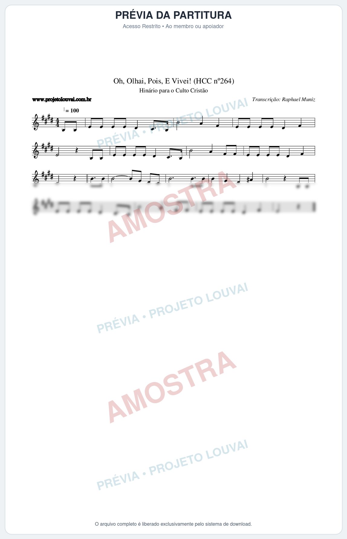 Prévia protegida da primeira página da partitura Partitura da música Oh, Olhai, Pois, E Vivei! (HCC nº264) - Hinário para o Culto Cristão - Tom E