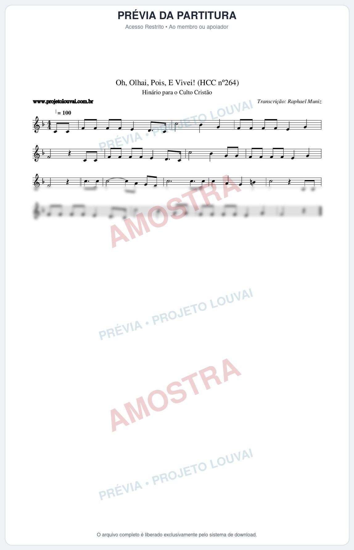 Prévia protegida da primeira página da partitura Partitura da música Oh, Olhai, Pois, E Vivei! (HCC nº264) - Hinário para o Culto Cristão - Tom F