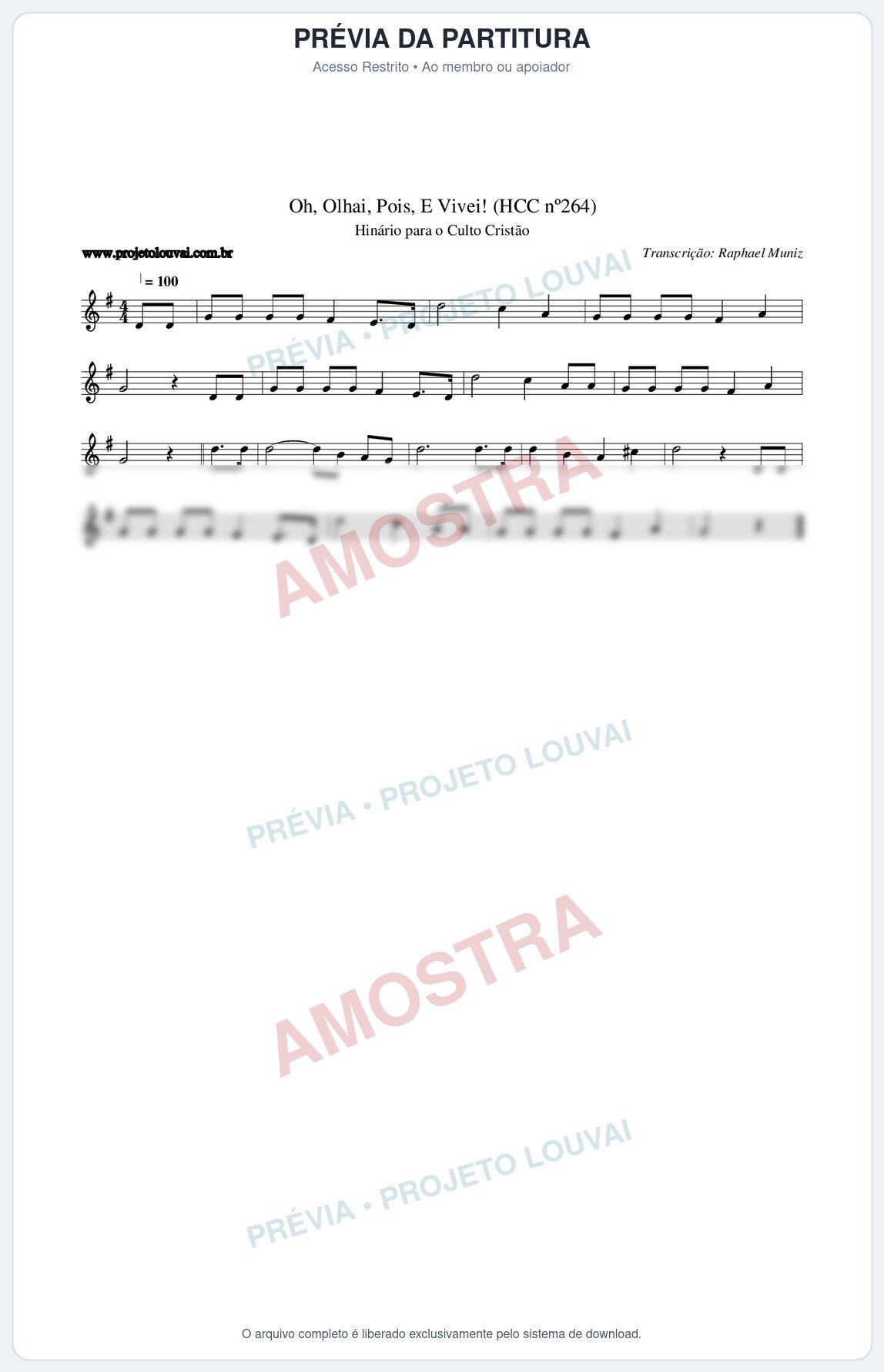 Prévia protegida da primeira página da partitura Partitura da música Oh, Olhai, Pois, E Vivei! (HCC nº264) - Hinário para o Culto Cristão - Tom G