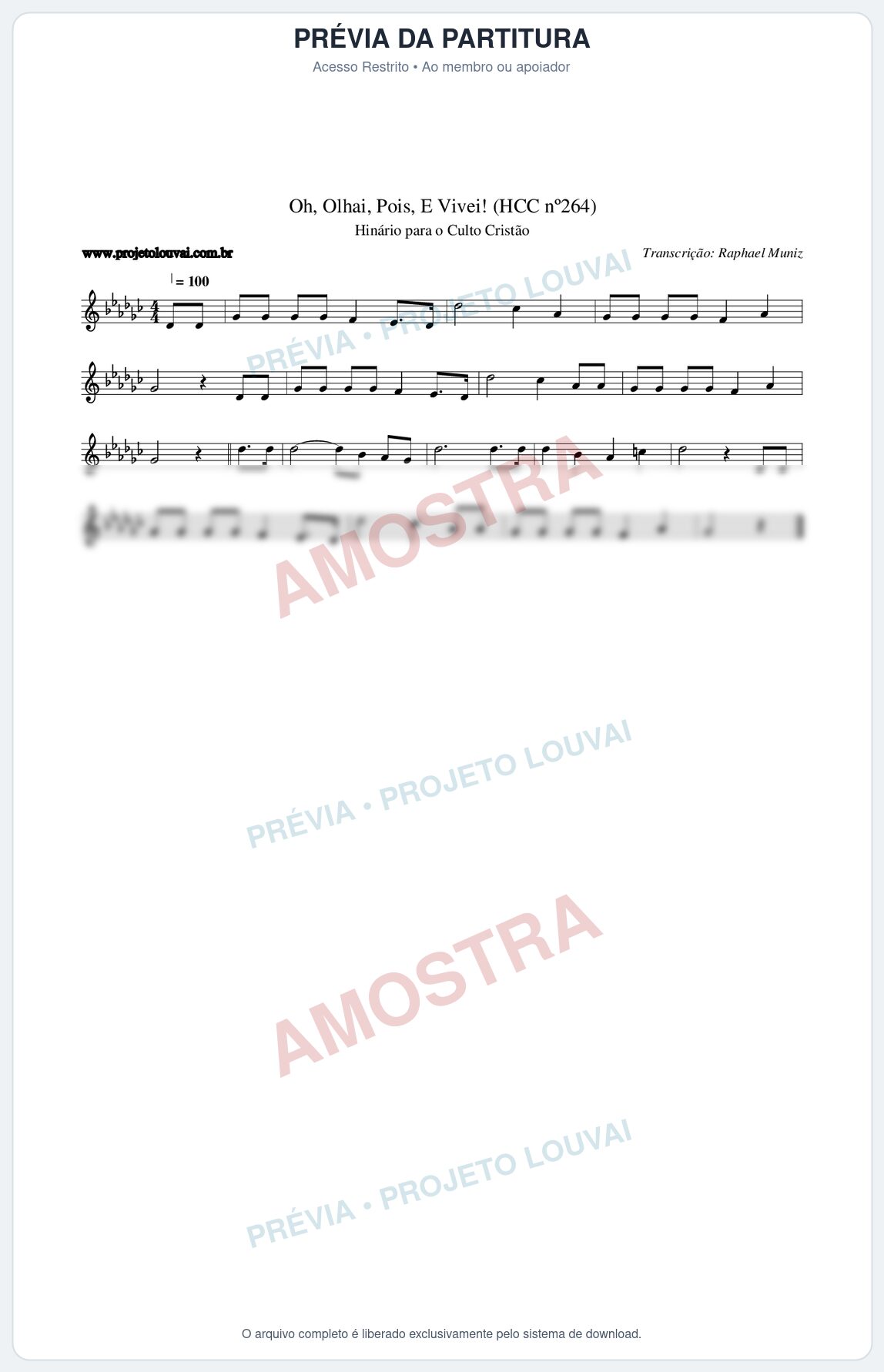 Prévia protegida da primeira página da partitura Partitura da música Oh, Olhai, Pois, E Vivei! (HCC nº264) - Hinário para o Culto Cristão - Tom Gb