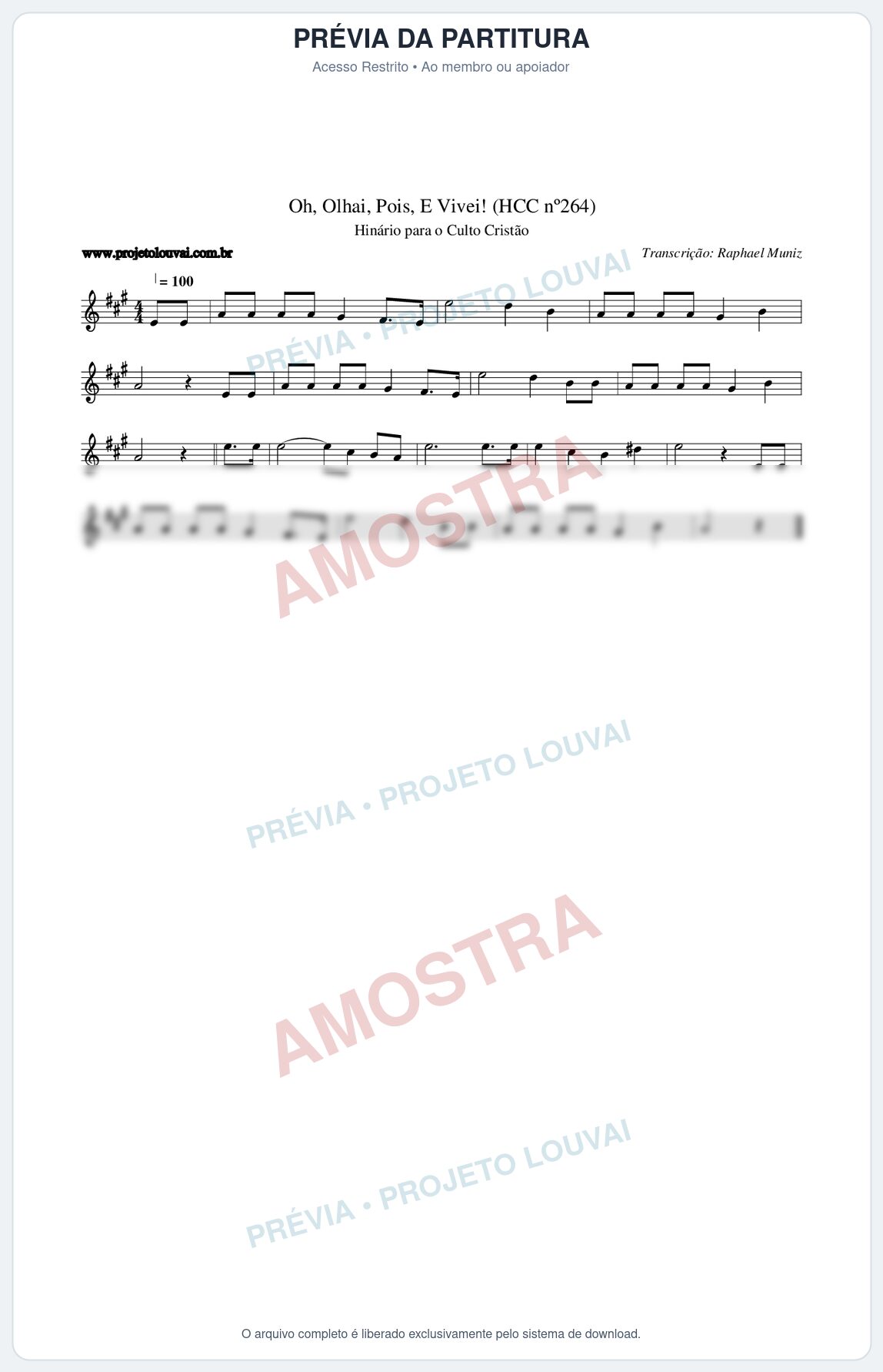 Prévia protegida da primeira página da partitura Partitura da música Oh, Olhai, Pois, E Vivei! (HCC nº264) - Hinário para o Culto Cristão - Tom A