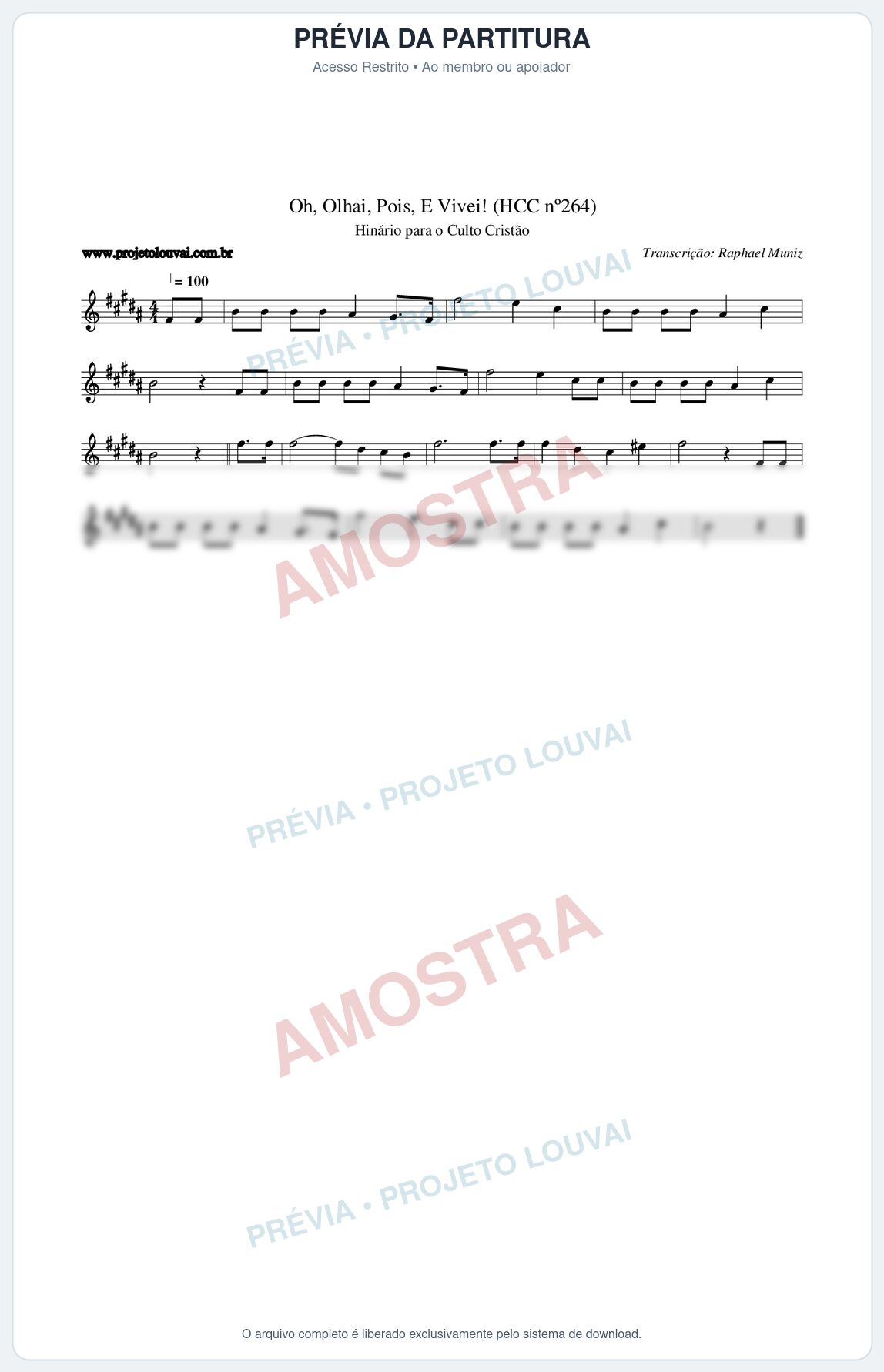 Prévia protegida da primeira página da partitura Partitura da música Oh, Olhai, Pois, E Vivei! (HCC nº264) - Hinário para o Culto Cristão - Tom B