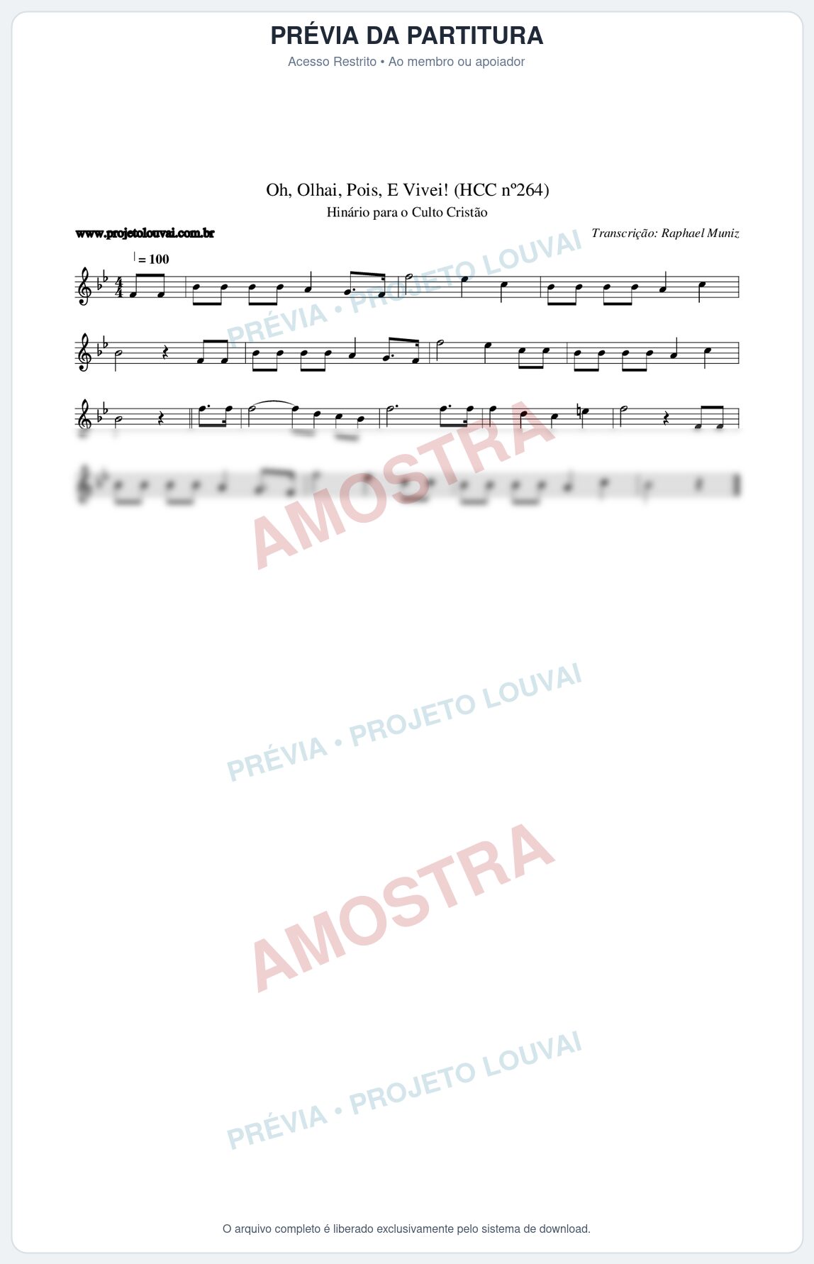 Prévia protegida da primeira página da partitura Partitura da música Oh, Olhai, Pois, E Vivei! (HCC nº264) - Hinário para o Culto Cristão - Tom Bb