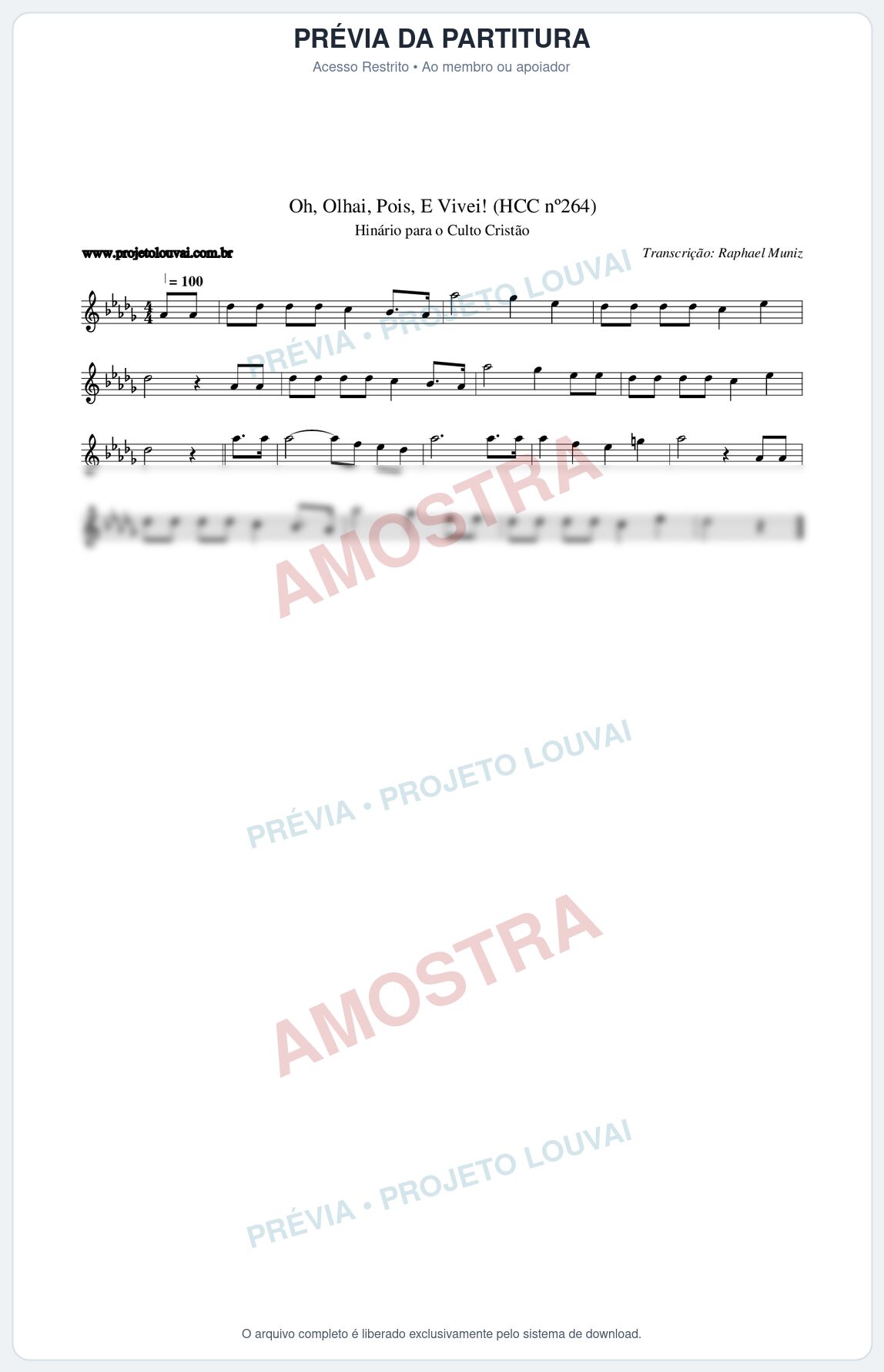 Prévia protegida da primeira página da partitura Partitura da música Oh, Olhai, Pois, E Vivei! (HCC nº264) - Hinário para o Culto Cristão - Tom Db