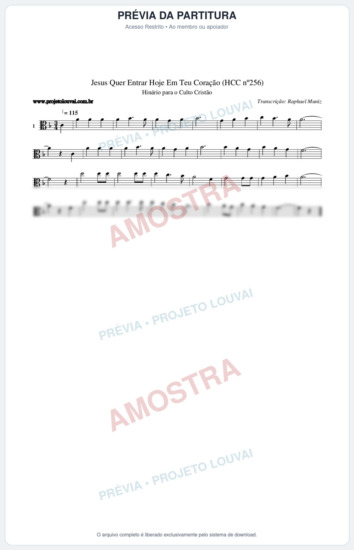 Prévia protegida da primeira página da partitura Partitura da música Jesus Quer Entrar Hoje Em Teu Coração (HCC nº256) - Hinário para o Culto Cristão - Tom F
