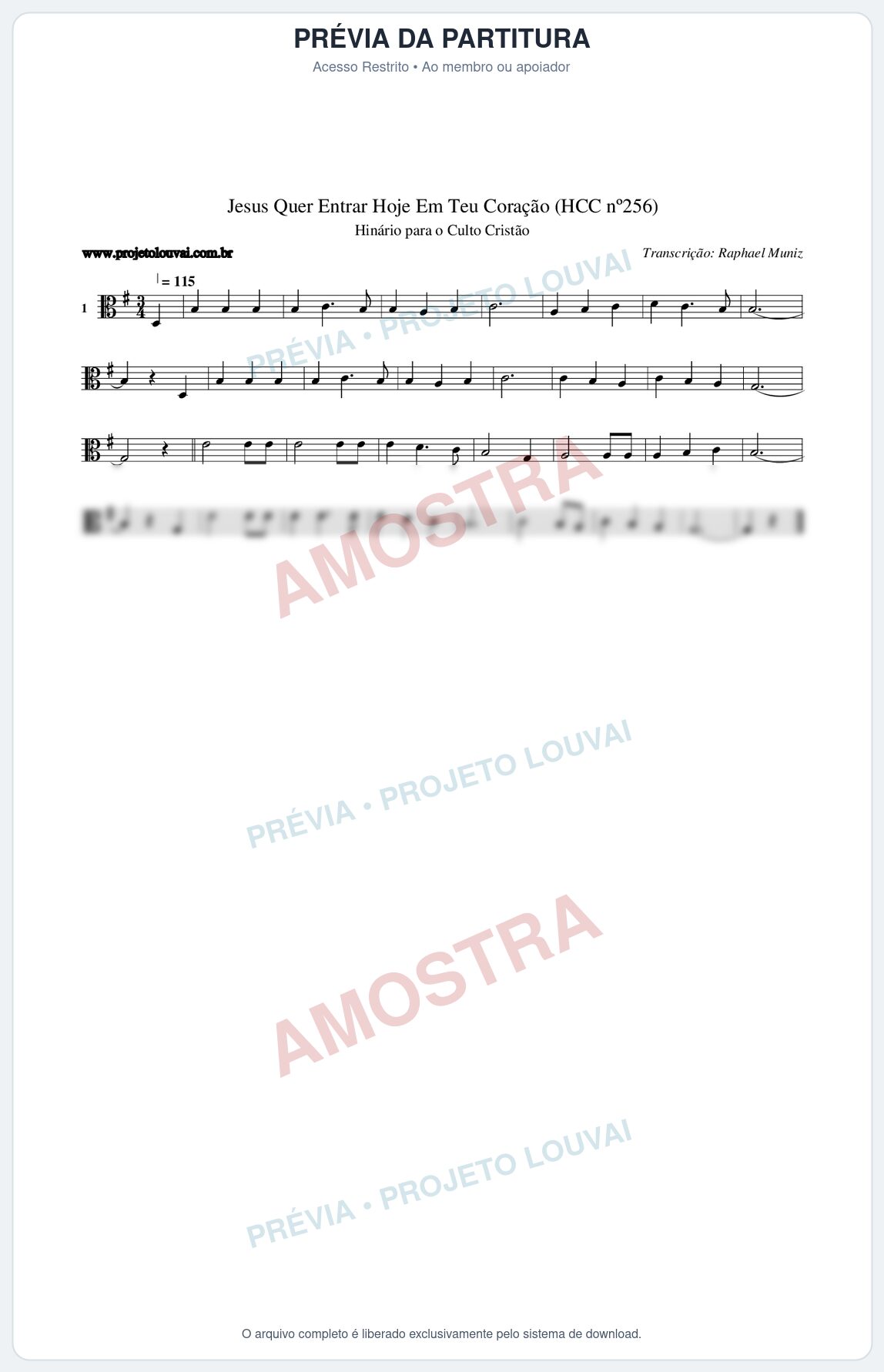 Prévia protegida da primeira página da partitura Partitura da música Jesus Quer Entrar Hoje Em Teu Coração (HCC nº256) - Hinário para o Culto Cristão - Tom G