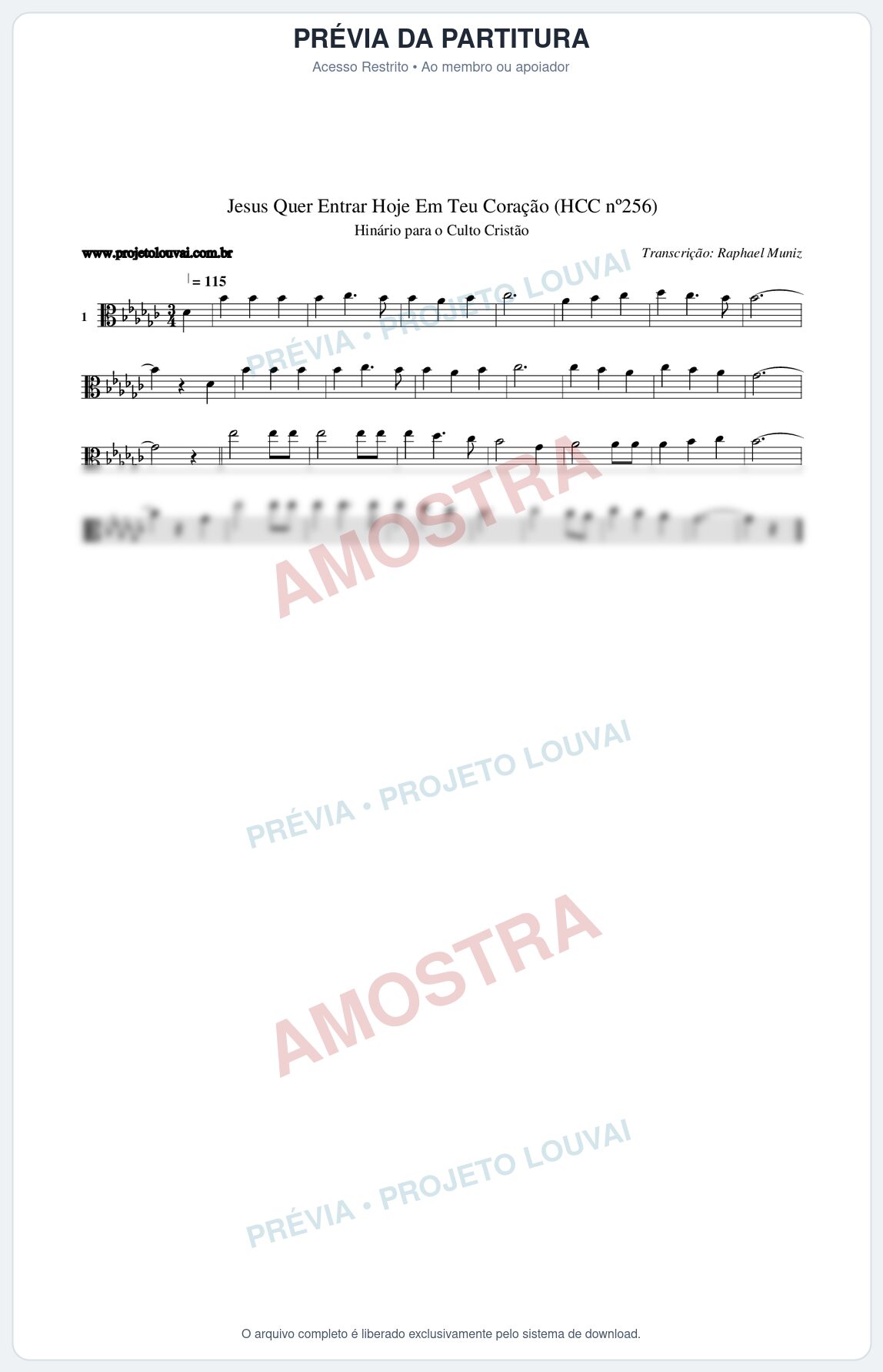 Prévia protegida da primeira página da partitura Partitura da música Jesus Quer Entrar Hoje Em Teu Coração (HCC nº256) - Hinário para o Culto Cristão - Tom Gb