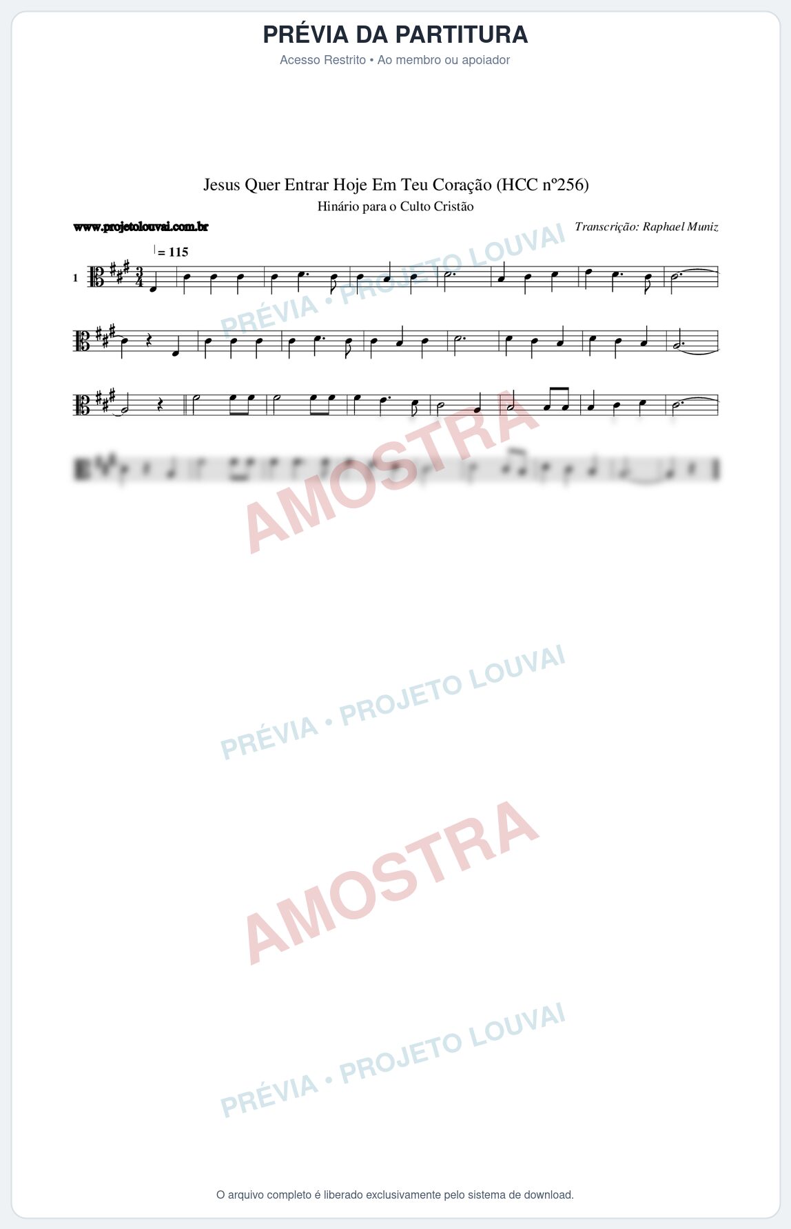 Prévia protegida da primeira página da partitura Partitura da música Jesus Quer Entrar Hoje Em Teu Coração (HCC nº256) - Hinário para o Culto Cristão - Tom A