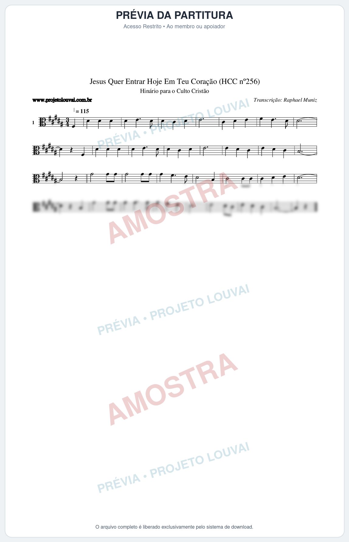 Prévia protegida da primeira página da partitura Partitura da música Jesus Quer Entrar Hoje Em Teu Coração (HCC nº256) - Hinário para o Culto Cristão - Tom B