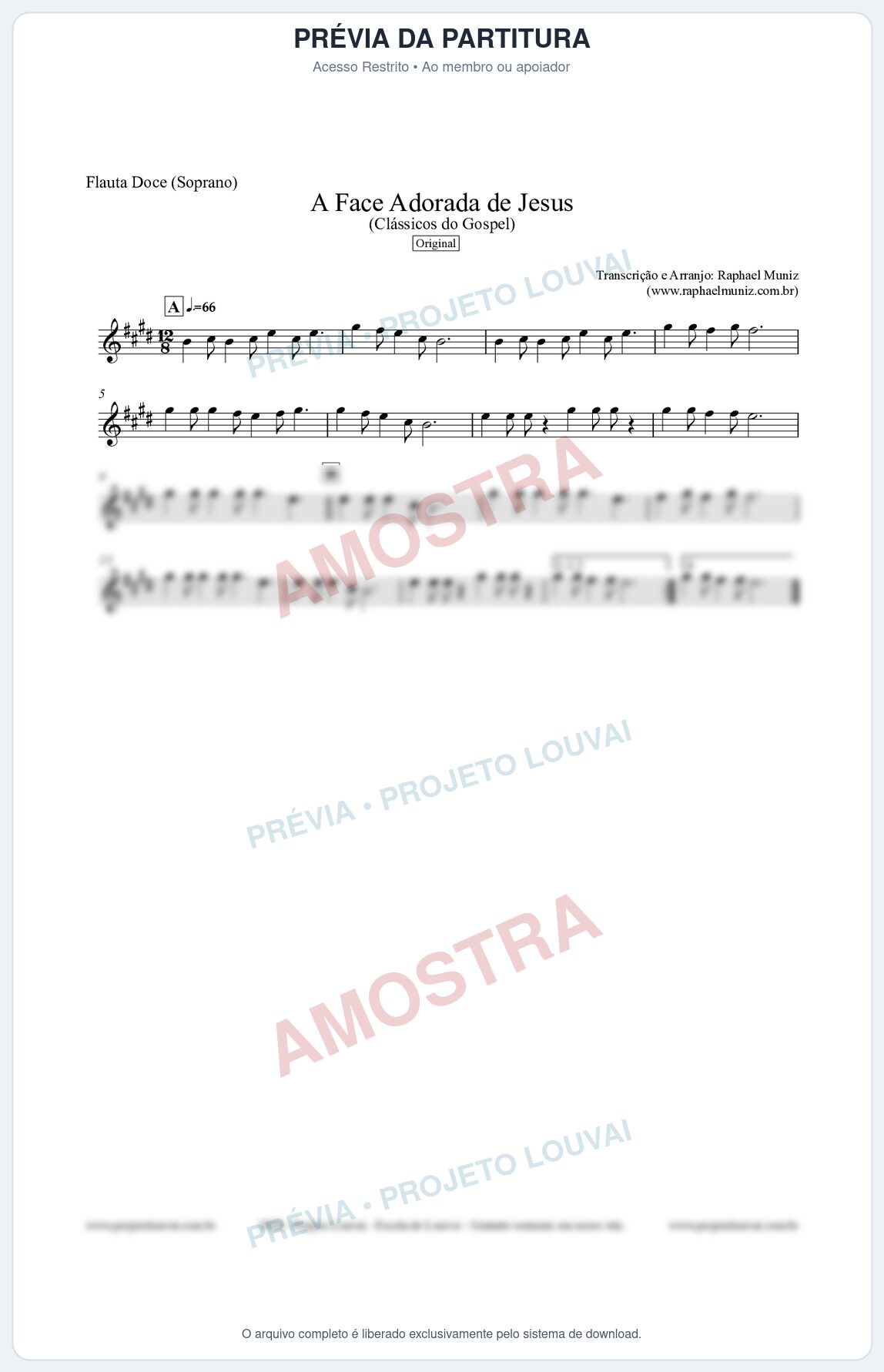 Prévia protegida da primeira página da partitura Partitura para Flauta Doce (Soprano) - A Face Adorada de Jesus - Harpa Cristã 304 (Tom E) - Clássicos do Gospel
