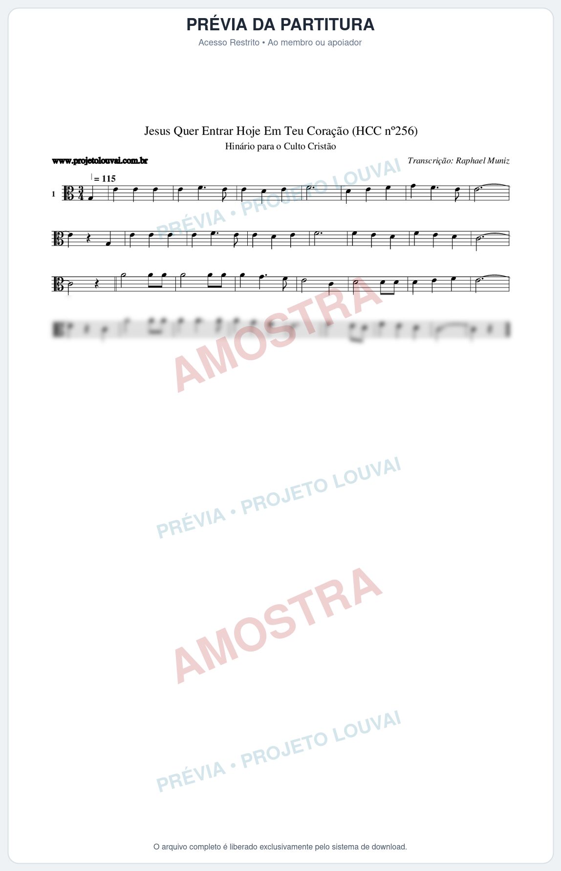 Prévia protegida da primeira página da partitura Partitura da música Jesus Quer Entrar Hoje Em Teu Coração (HCC nº256) - Hinário para o Culto Cristão - Tom C