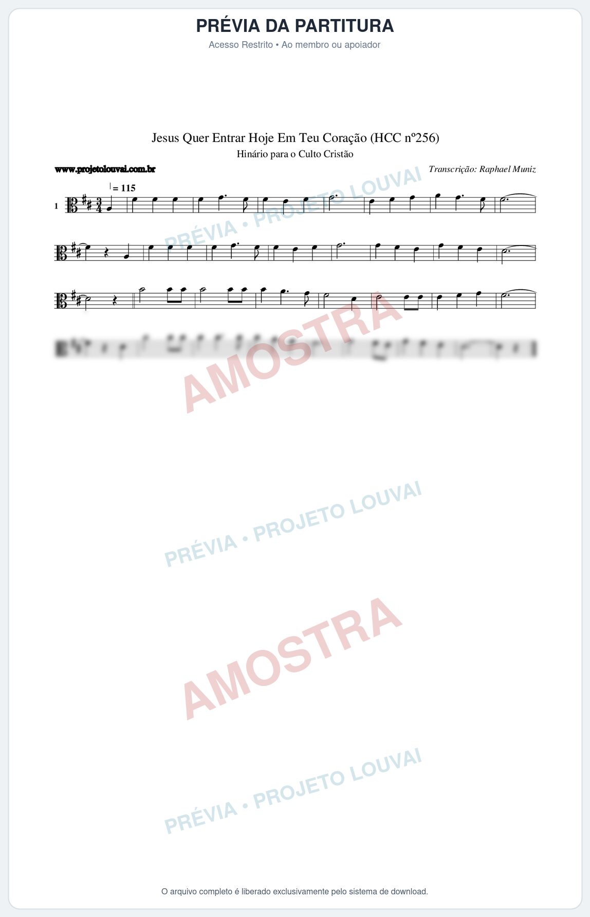Prévia protegida da primeira página da partitura Partitura da música Jesus Quer Entrar Hoje Em Teu Coração (HCC nº256) - Hinário para o Culto Cristão - Tom D