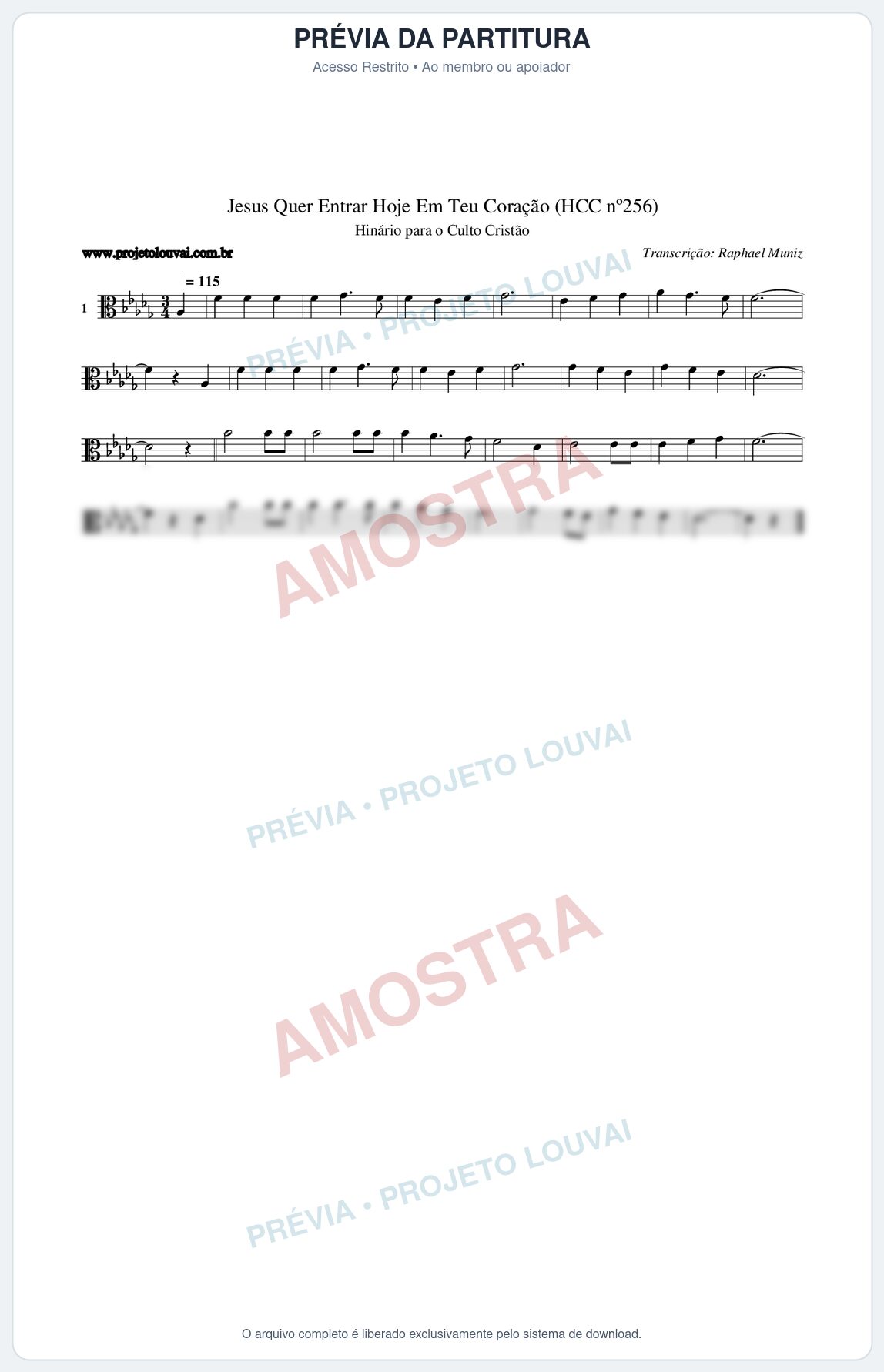 Prévia protegida da primeira página da partitura Partitura da música Jesus Quer Entrar Hoje Em Teu Coração (HCC nº256) - Hinário para o Culto Cristão - Tom Db