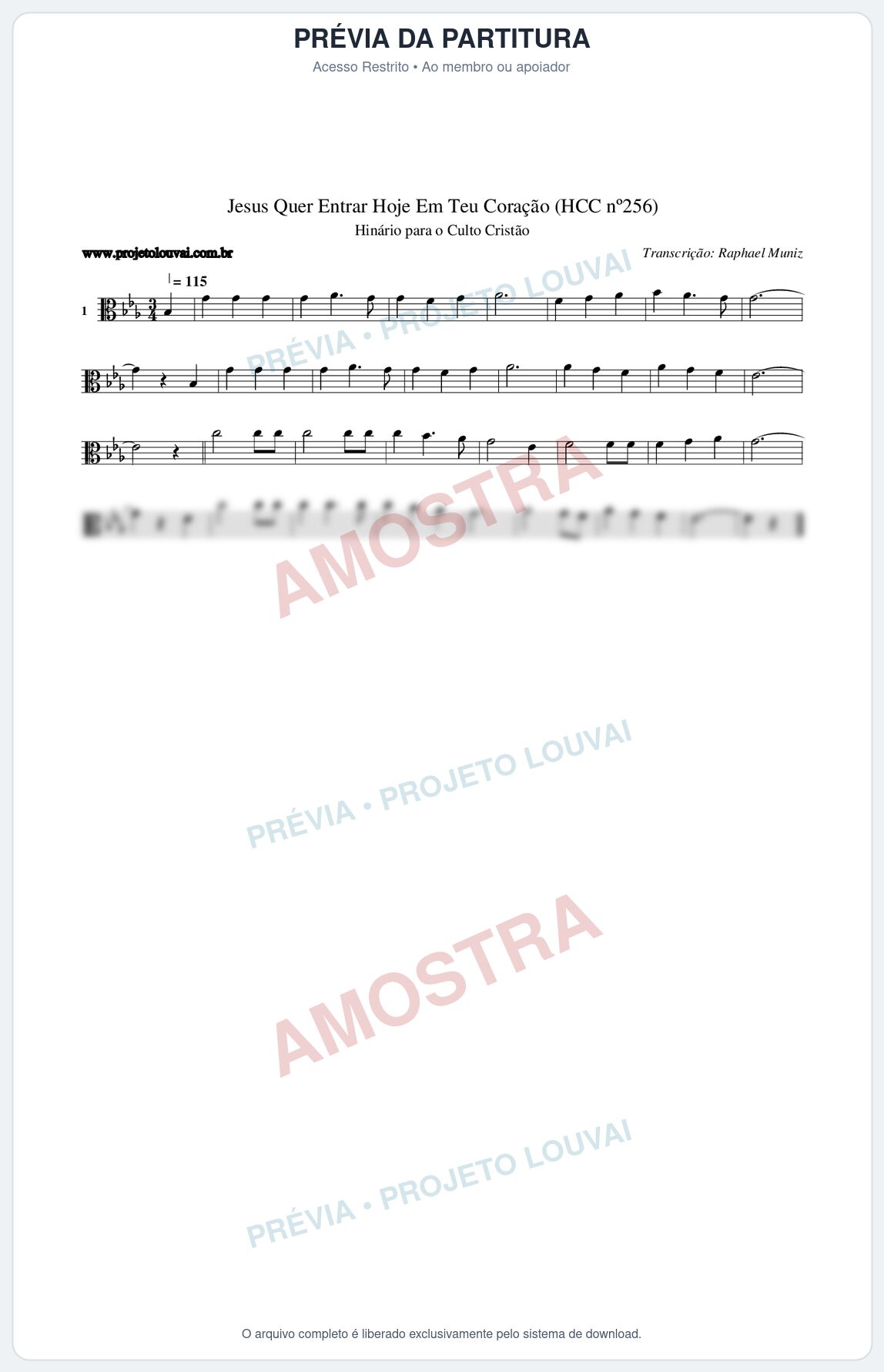 Prévia protegida da primeira página da partitura Partitura da música Jesus Quer Entrar Hoje Em Teu Coração (HCC nº256) - Hinário para o Culto Cristão - Tom Eb