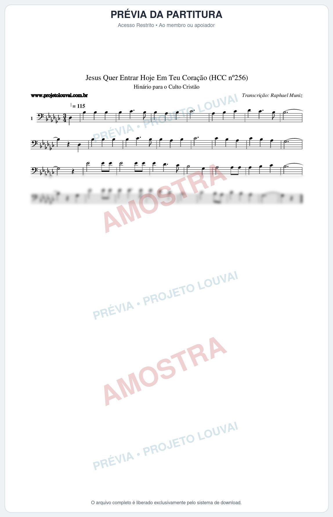 Prévia protegida da primeira página da partitura Partitura da música Jesus Quer Entrar Hoje Em Teu Coração (HCC nº256) - Hinário para o Culto Cristão - Tom Gb
