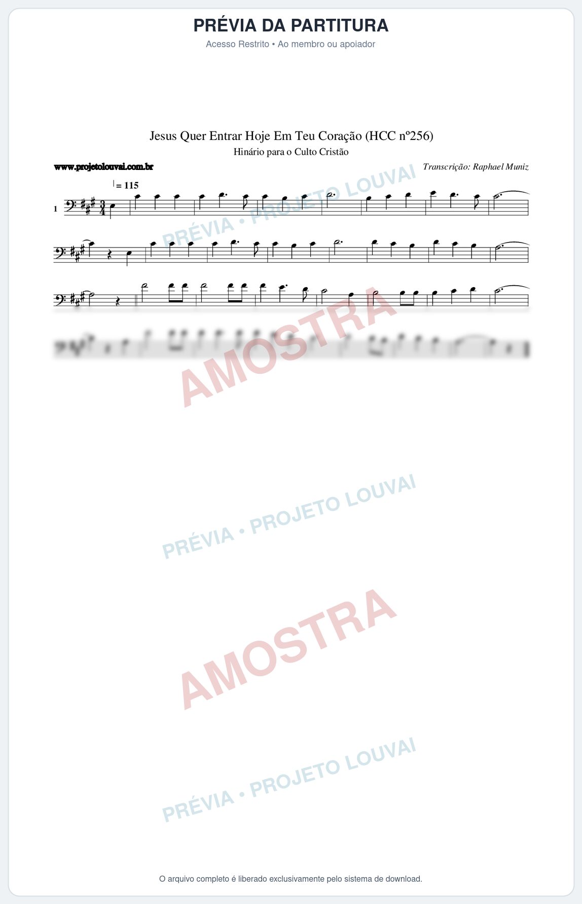 Prévia protegida da primeira página da partitura Partitura da música Jesus Quer Entrar Hoje Em Teu Coração (HCC nº256) - Hinário para o Culto Cristão - Tom A