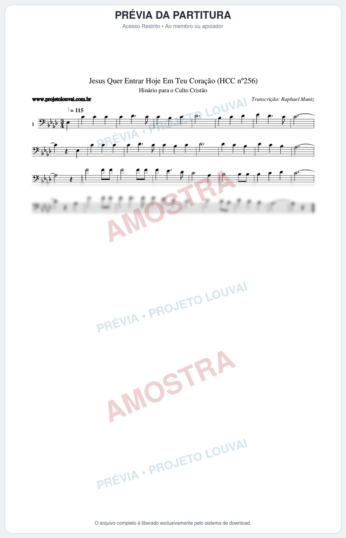 Prévia protegida da primeira página da partitura Partitura da música Jesus Quer Entrar Hoje Em Teu Coração (HCC nº256) - Hinário para o Culto Cristão - Tom Ab