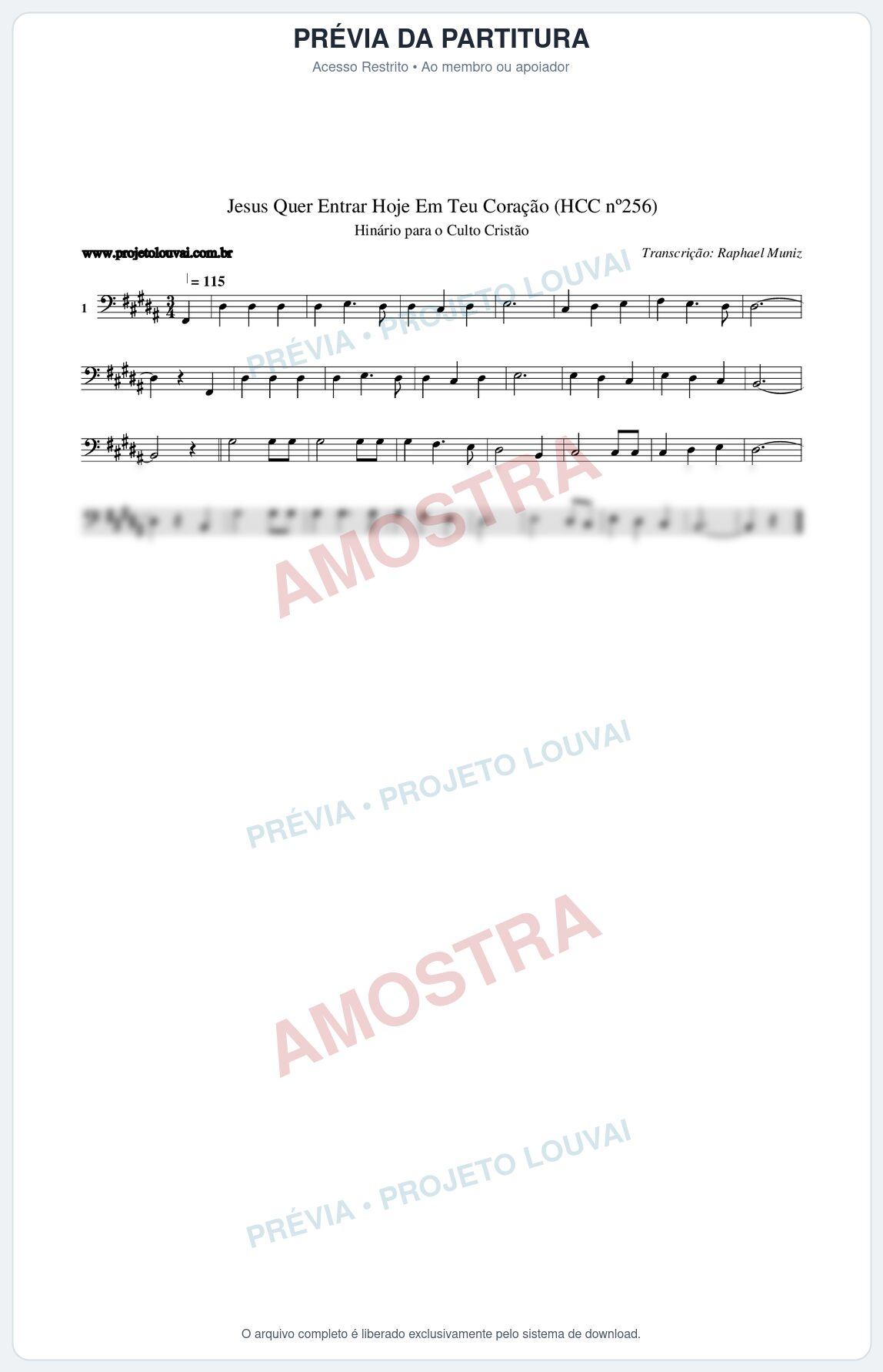Prévia protegida da primeira página da partitura Partitura da música Jesus Quer Entrar Hoje Em Teu Coração (HCC nº256) - Hinário para o Culto Cristão - Tom B