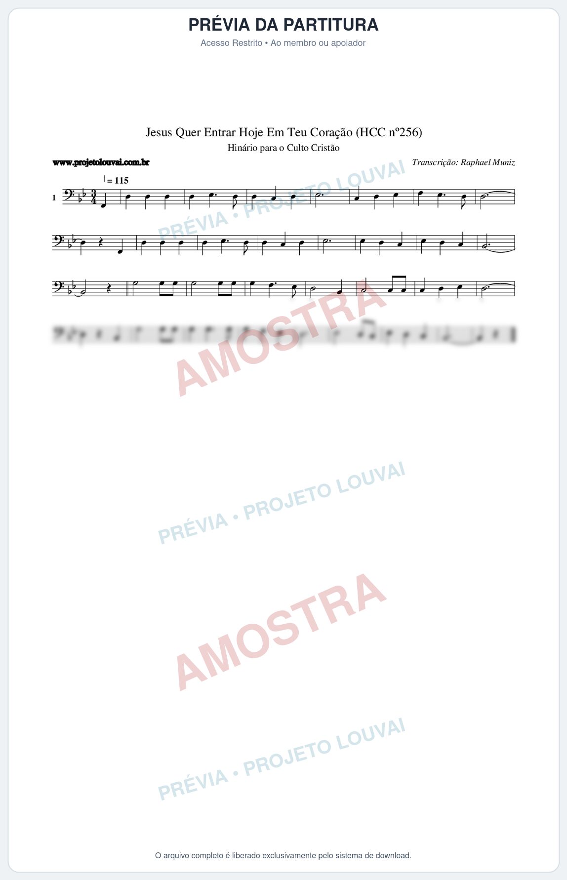Prévia protegida da primeira página da partitura Partitura da música Jesus Quer Entrar Hoje Em Teu Coração (HCC nº256) - Hinário para o Culto Cristão - Tom Bb