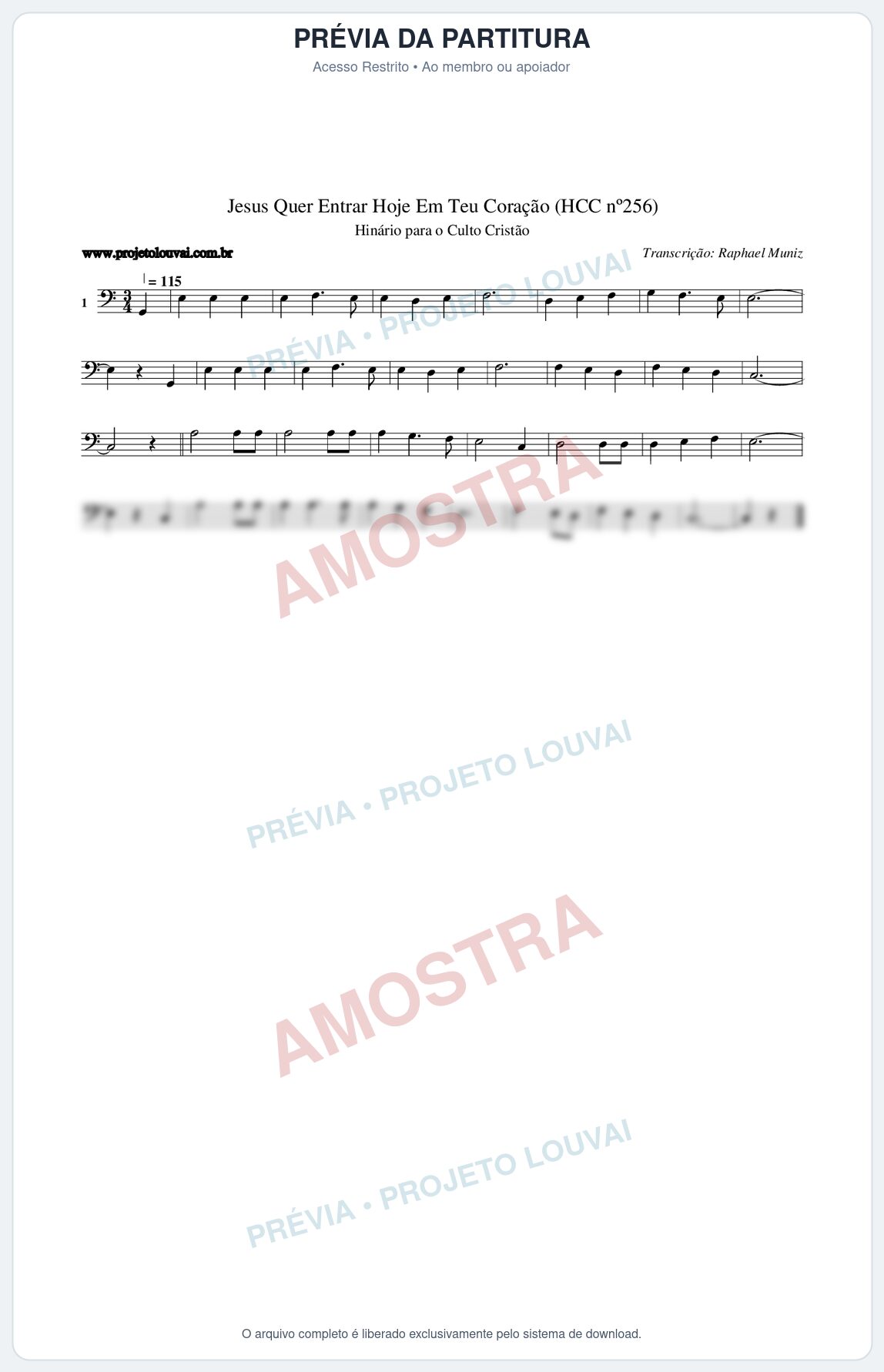 Prévia protegida da primeira página da partitura Partitura da música Jesus Quer Entrar Hoje Em Teu Coração (HCC nº256) - Hinário para o Culto Cristão - Tom C