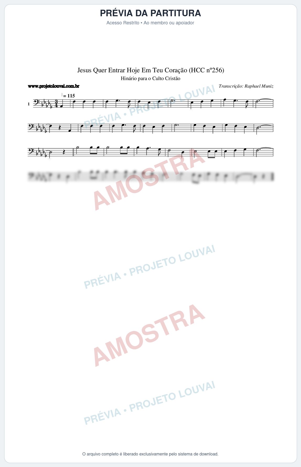 Prévia protegida da primeira página da partitura Partitura da música Jesus Quer Entrar Hoje Em Teu Coração (HCC nº256) - Hinário para o Culto Cristão - Tom Db
