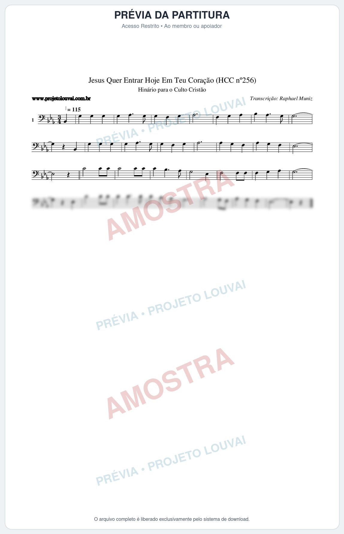 Prévia protegida da primeira página da partitura Partitura da música Jesus Quer Entrar Hoje Em Teu Coração (HCC nº256) - Hinário para o Culto Cristão - Tom Eb