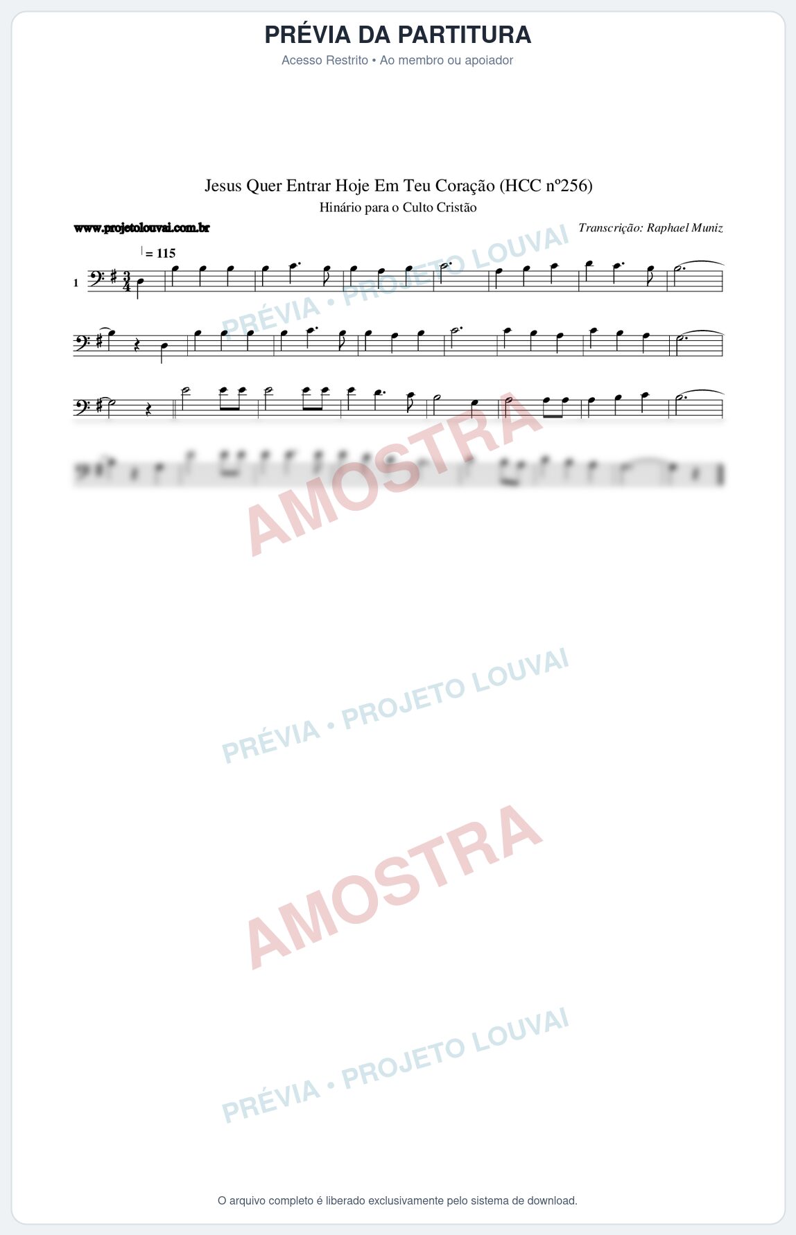 Prévia protegida da primeira página da partitura Partitura da música Jesus Quer Entrar Hoje Em Teu Coração (HCC nº256) - Hinário para o Culto Cristão - Tom G