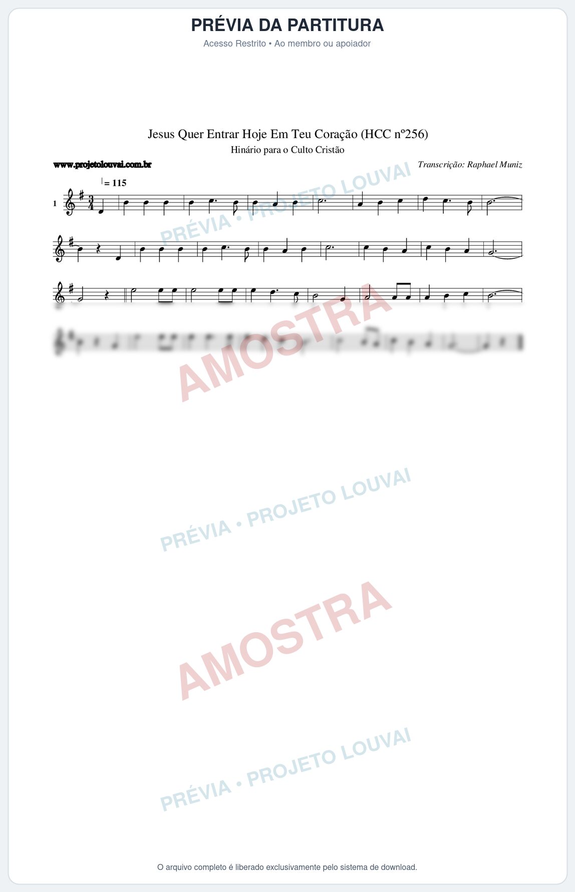 Prévia protegida da primeira página da partitura Partitura da música Jesus Quer Entrar Hoje Em Teu Coração (HCC nº256) - Hinário para o Culto Cristão - Tom G