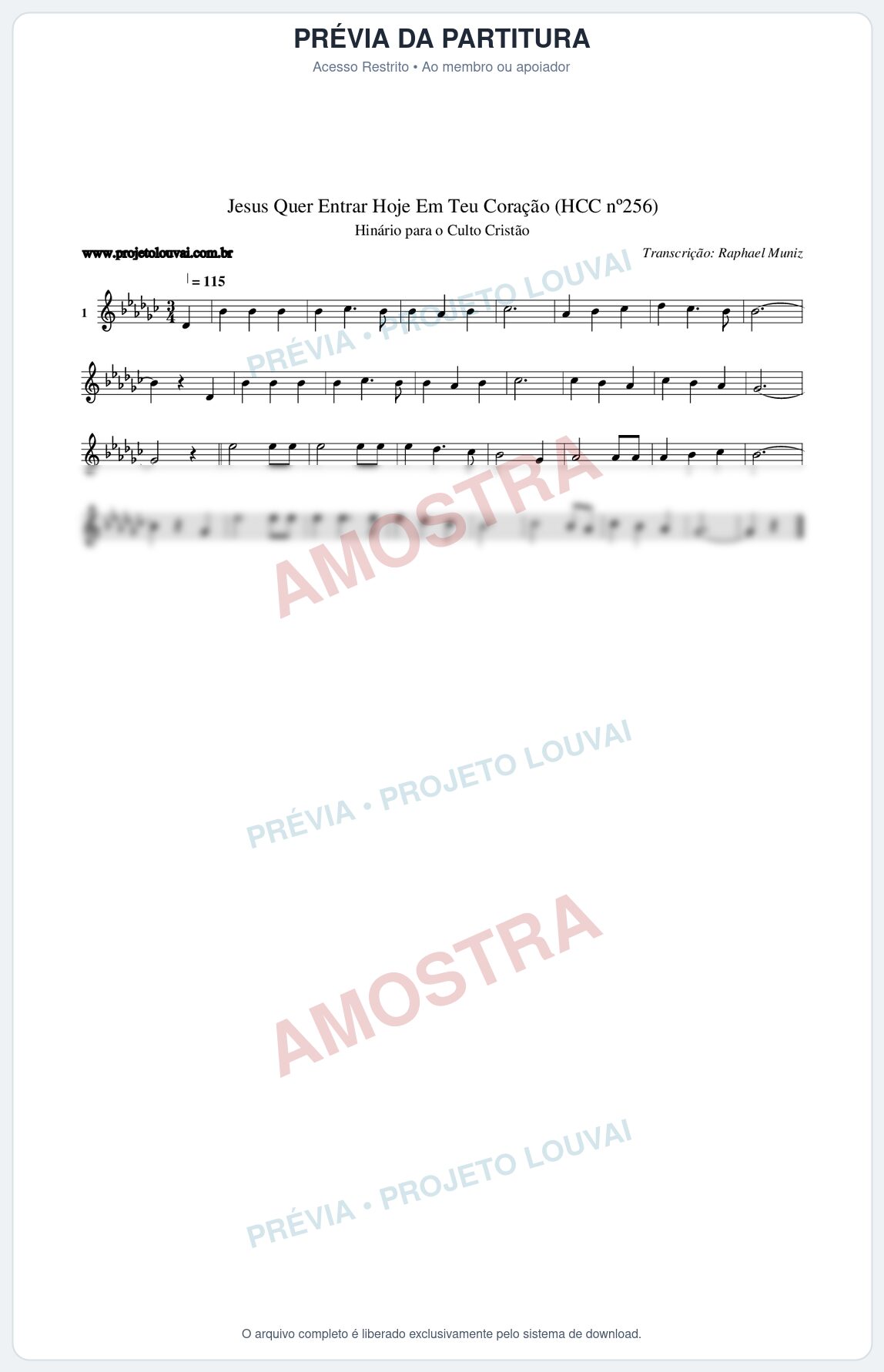 Prévia protegida da primeira página da partitura Partitura da música Jesus Quer Entrar Hoje Em Teu Coração (HCC nº256) - Hinário para o Culto Cristão - Tom Gb