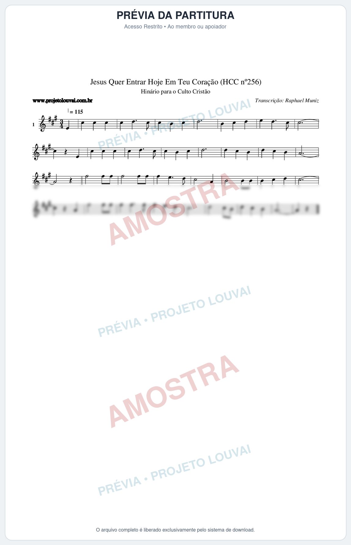 Prévia protegida da primeira página da partitura Partitura da música Jesus Quer Entrar Hoje Em Teu Coração (HCC nº256) - Hinário para o Culto Cristão - Tom A