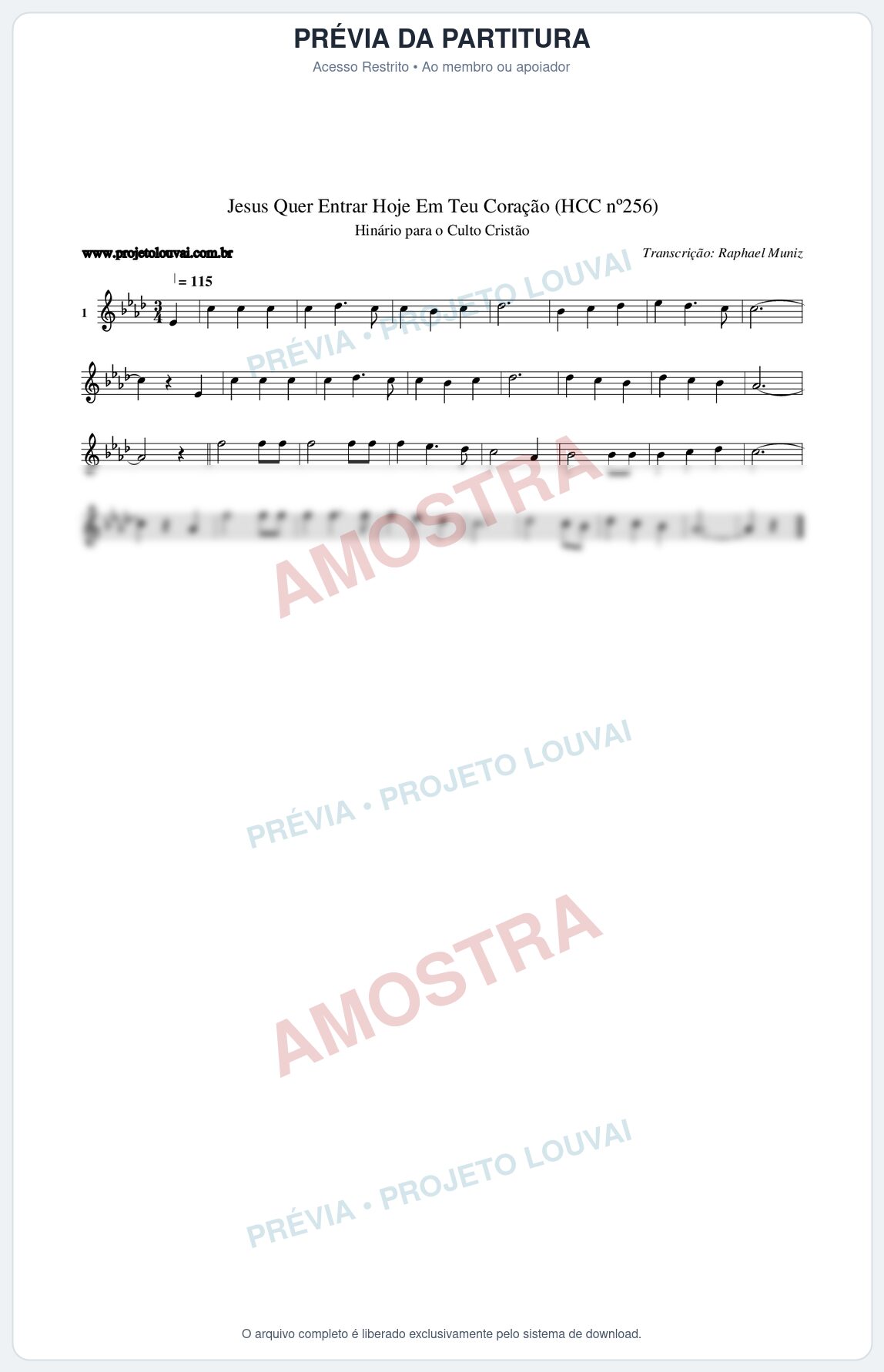 Prévia protegida da primeira página da partitura Partitura da música Jesus Quer Entrar Hoje Em Teu Coração (HCC nº256) - Hinário para o Culto Cristão - Tom Ab