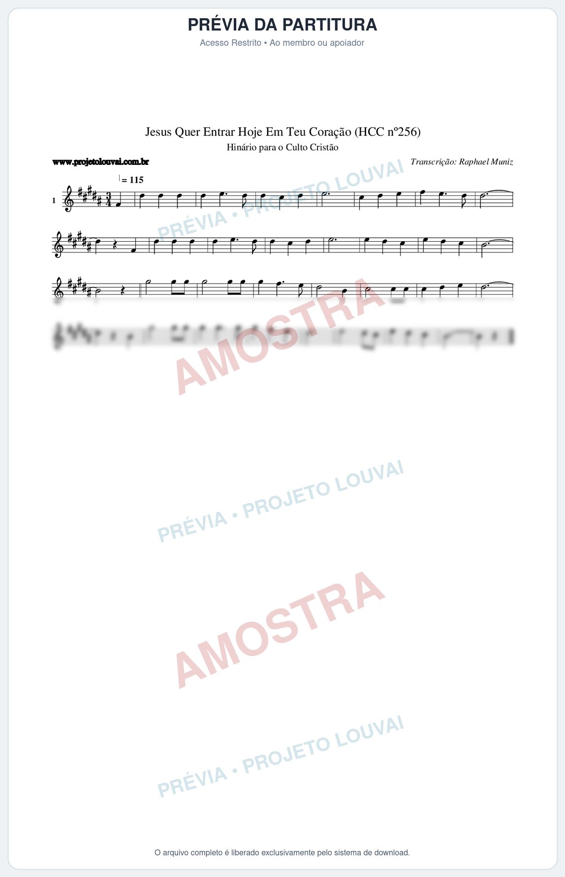 Prévia protegida da primeira página da partitura Partitura da música Jesus Quer Entrar Hoje Em Teu Coração (HCC nº256) - Hinário para o Culto Cristão - Tom B
