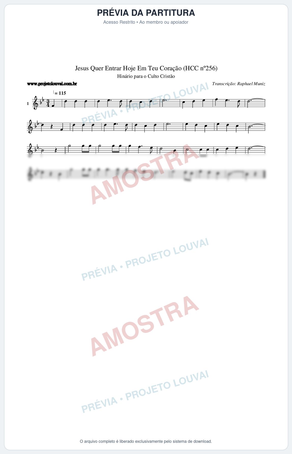 Prévia protegida da primeira página da partitura Partitura da música Jesus Quer Entrar Hoje Em Teu Coração (HCC nº256) - Hinário para o Culto Cristão - Tom Bb