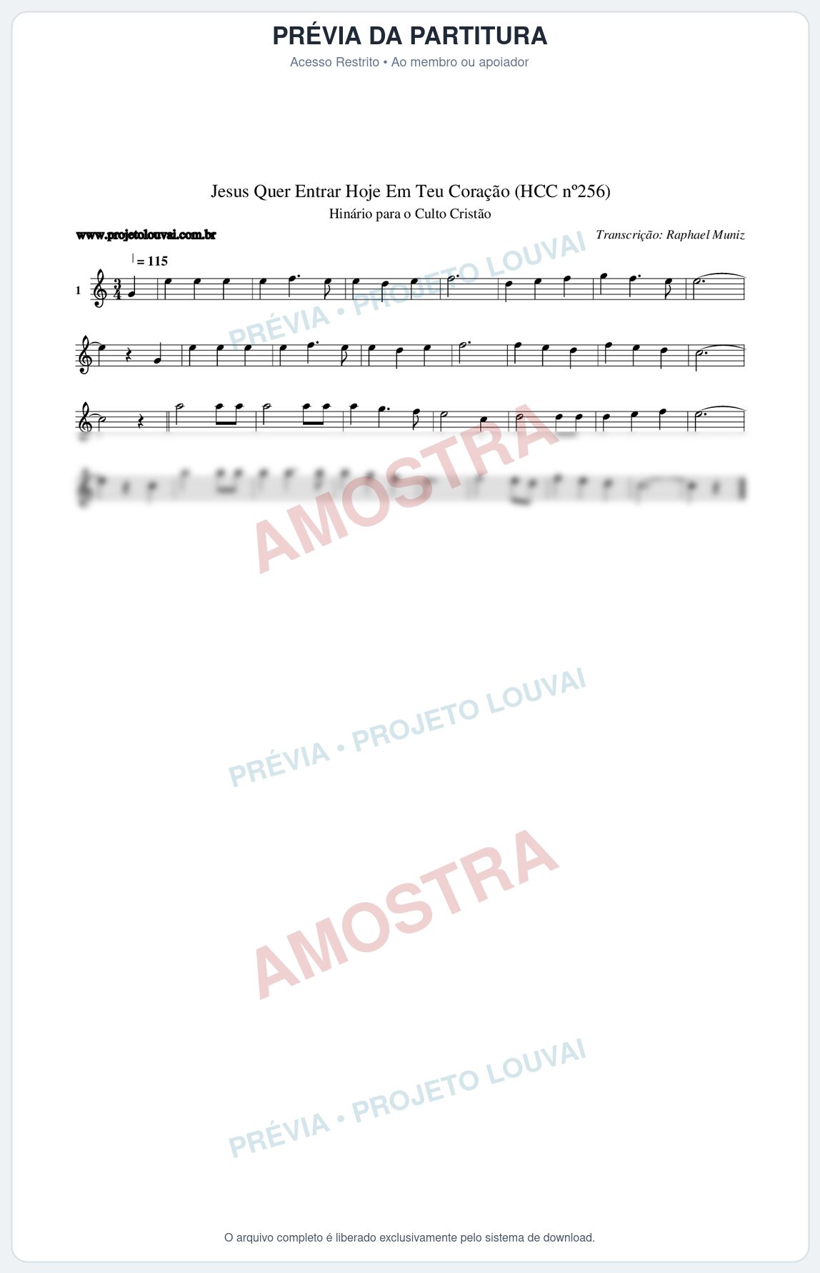 Prévia protegida da primeira página da partitura Partitura da música Jesus Quer Entrar Hoje Em Teu Coração (HCC nº256) - Hinário para o Culto Cristão - Tom C