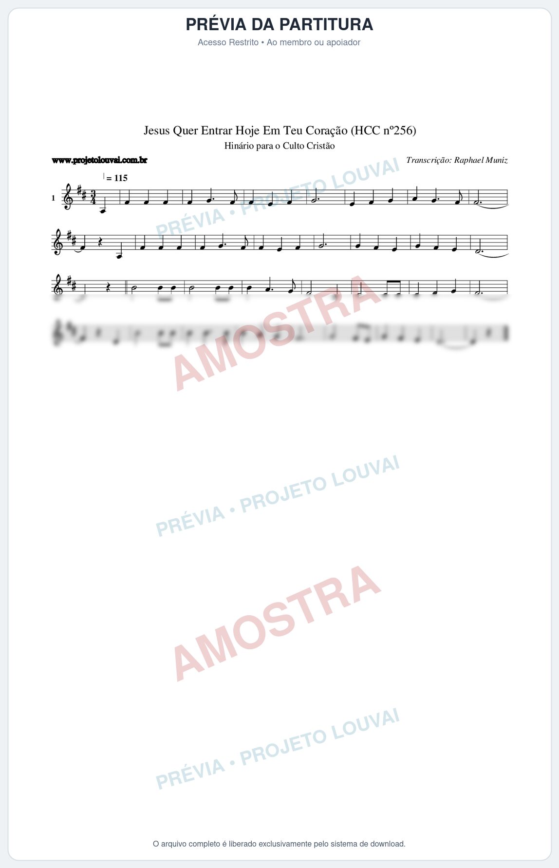 Prévia protegida da primeira página da partitura Partitura da música Jesus Quer Entrar Hoje Em Teu Coração (HCC nº256) - Hinário para o Culto Cristão - Tom D