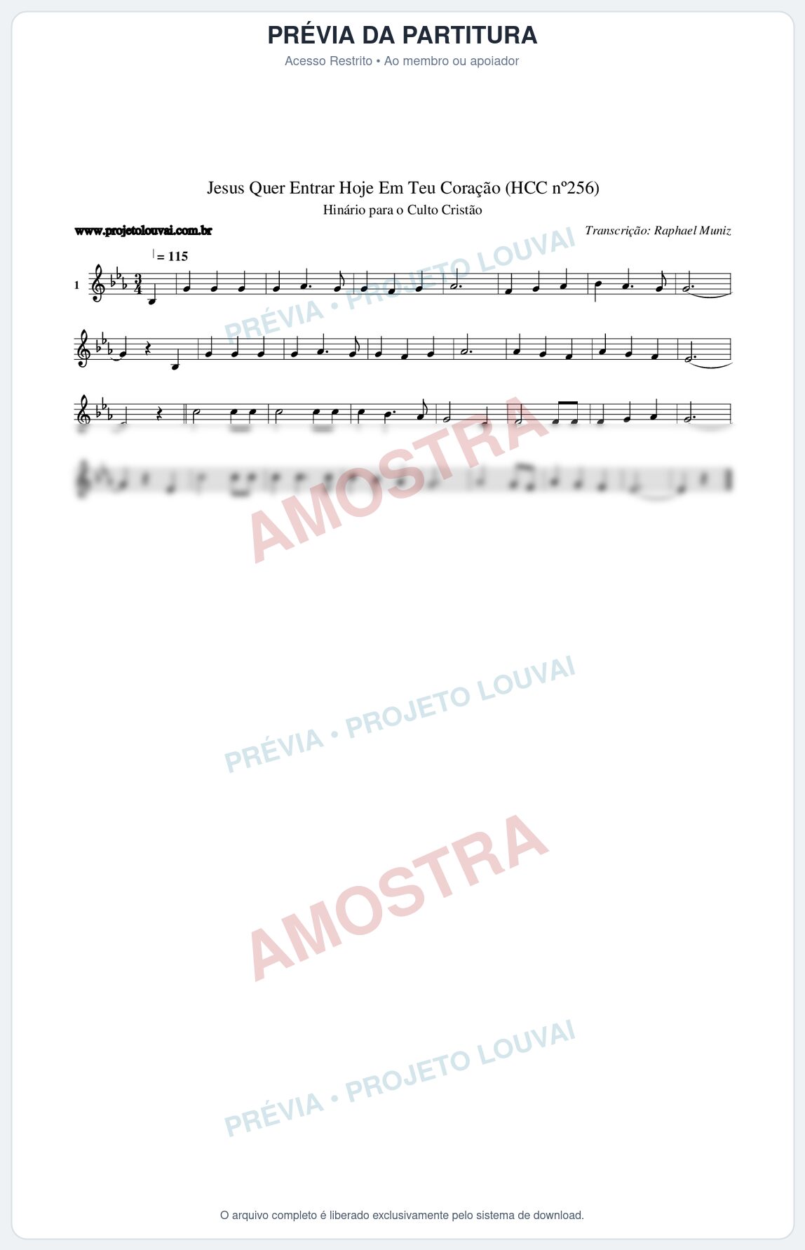 Prévia protegida da primeira página da partitura Partitura da música Jesus Quer Entrar Hoje Em Teu Coração (HCC nº256) - Hinário para o Culto Cristão - Tom Eb