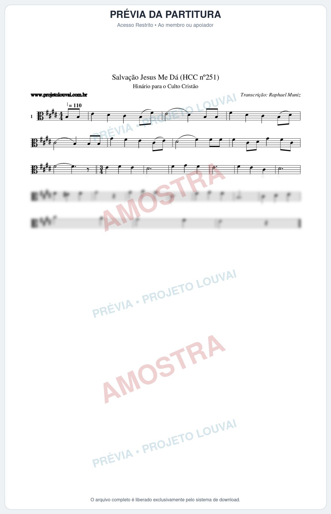 Prévia protegida da primeira página da partitura Partitura da música Salvação Jesus Me Dá (HCC nº251) - Hinário para o Culto Cristão - Tom E