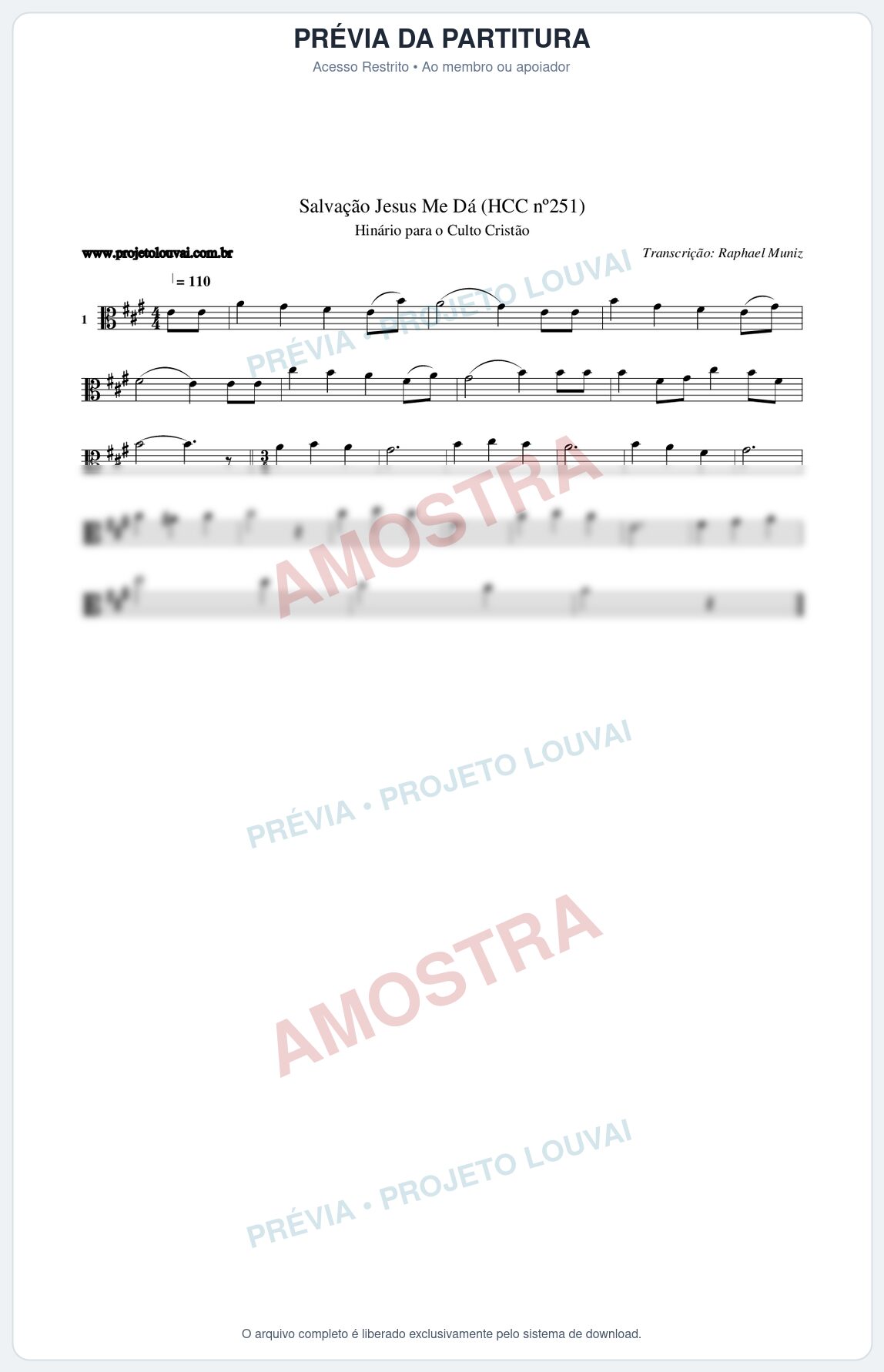 Prévia protegida da primeira página da partitura Partitura da música Salvação Jesus Me Dá (HCC nº251) - Hinário para o Culto Cristão - Tom A