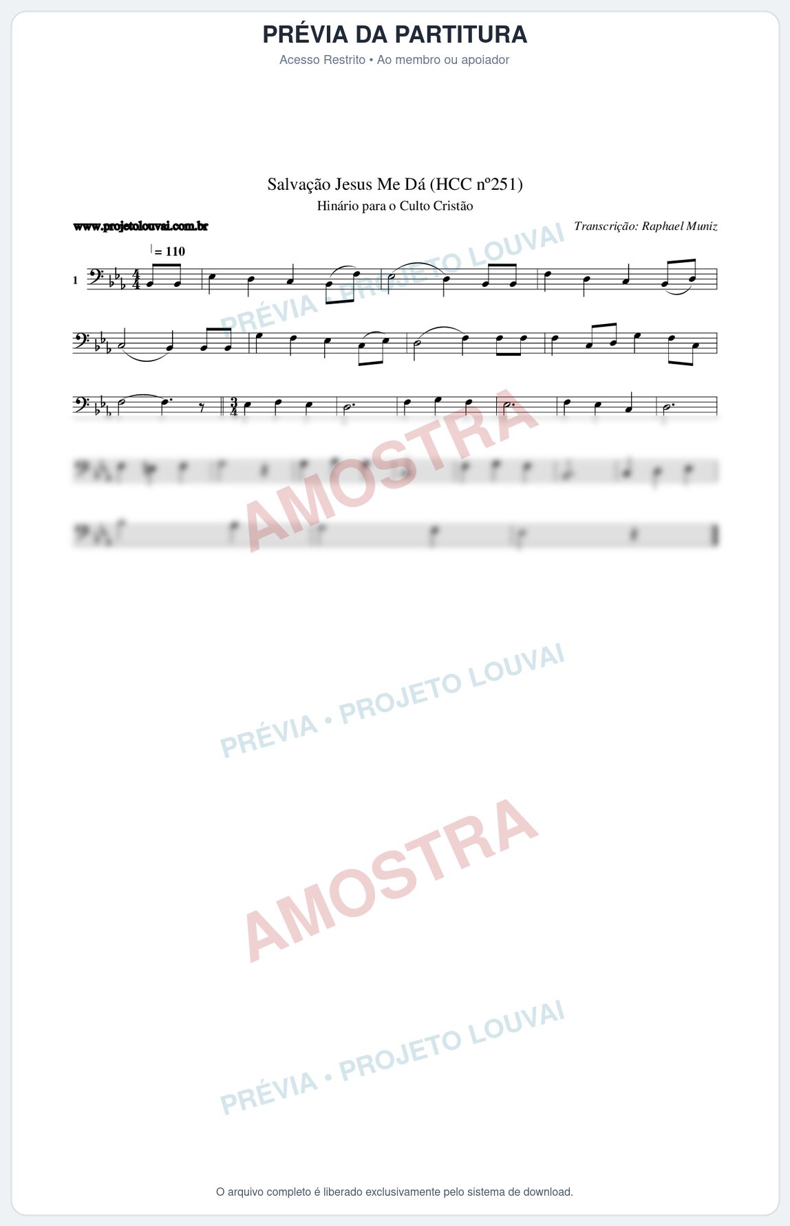 Prévia protegida da primeira página da partitura Partitura da música Salvação Jesus Me Dá (HCC nº251) - Hinário para o Culto Cristão - Tom Eb